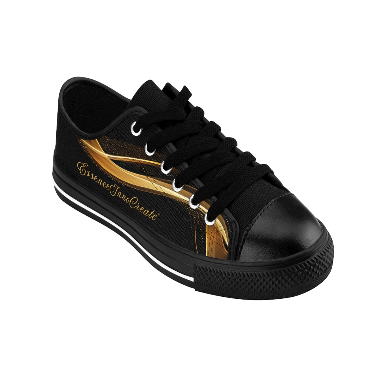 Black 'EssenceInnoCreate' sneaker with gold accent and brand name on a white background