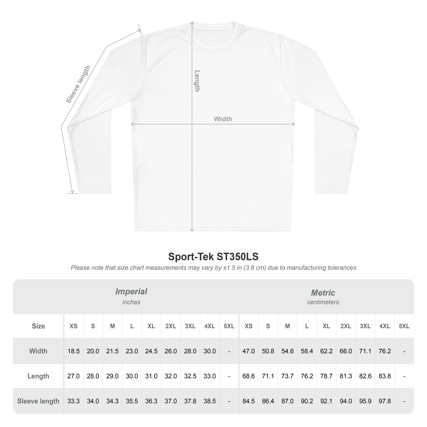 Measurement chart for Sport-Tek ST350LS shirt with size chart and dimensions.