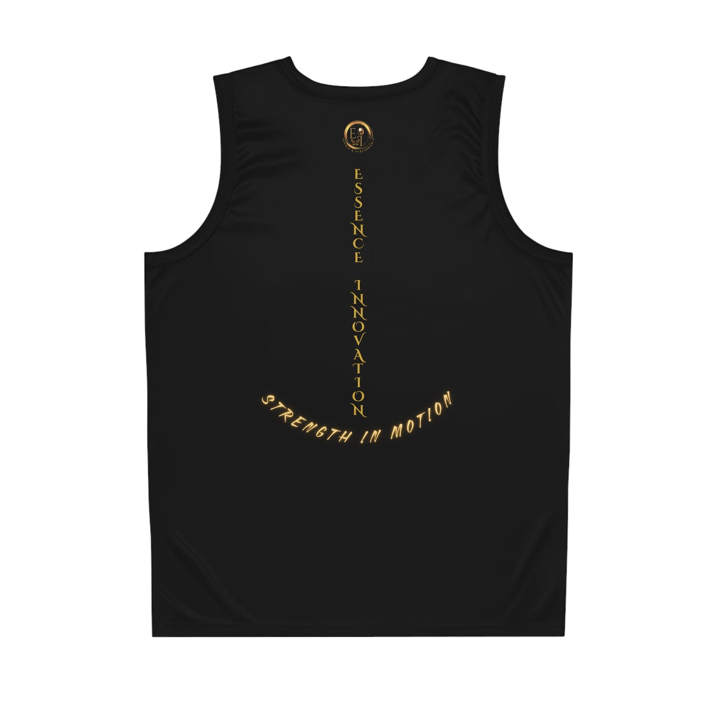 Black tank top with gold text on a white background