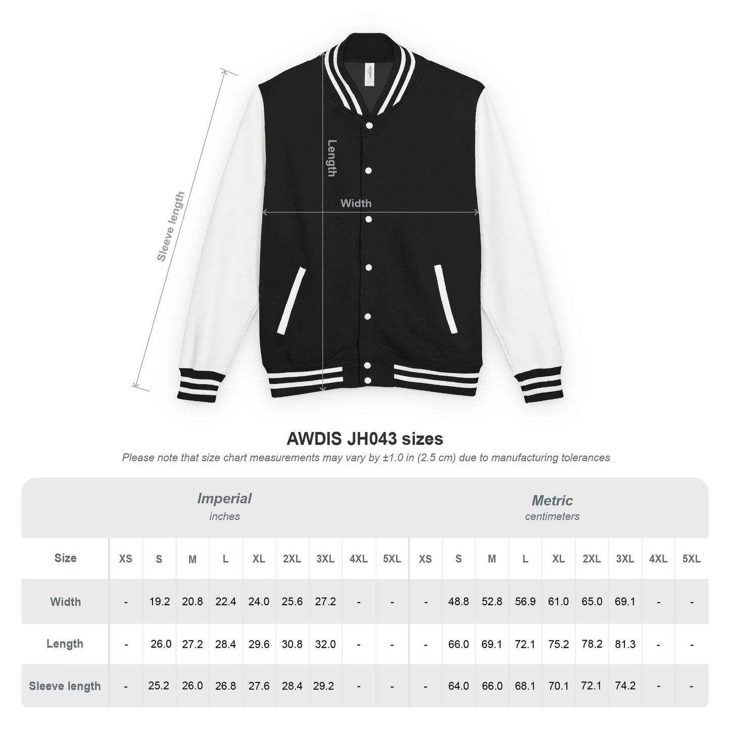 Black and white varsity jacket with measurement chart on a white background