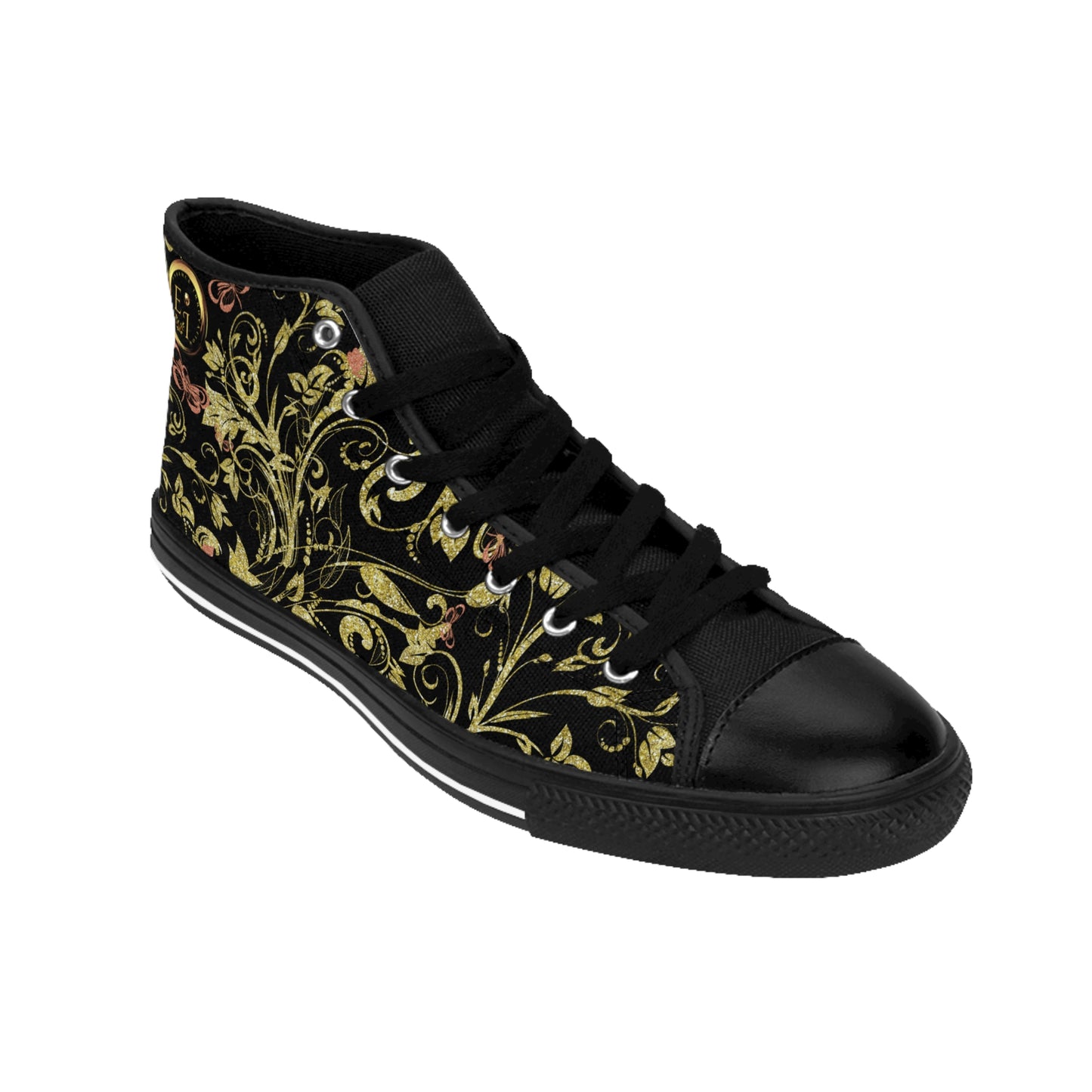 Black Essence Innovation high-top sneaker with gold floral pattern on a white background