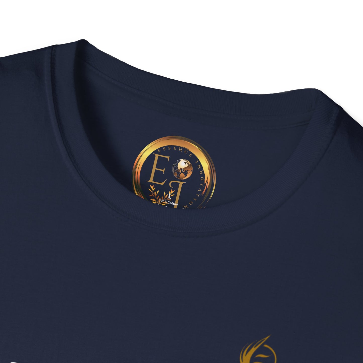 Navy blue EssenceInnoCreate Quiet Resolve t-shirt with a gold logo on the chest area