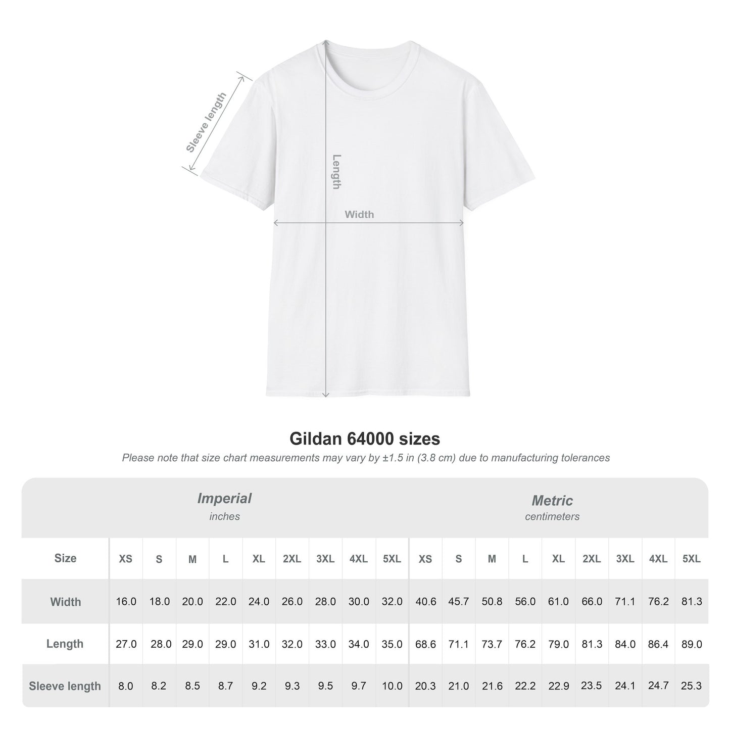 White 'One Life' t-shirt with size chart measurements on a white background