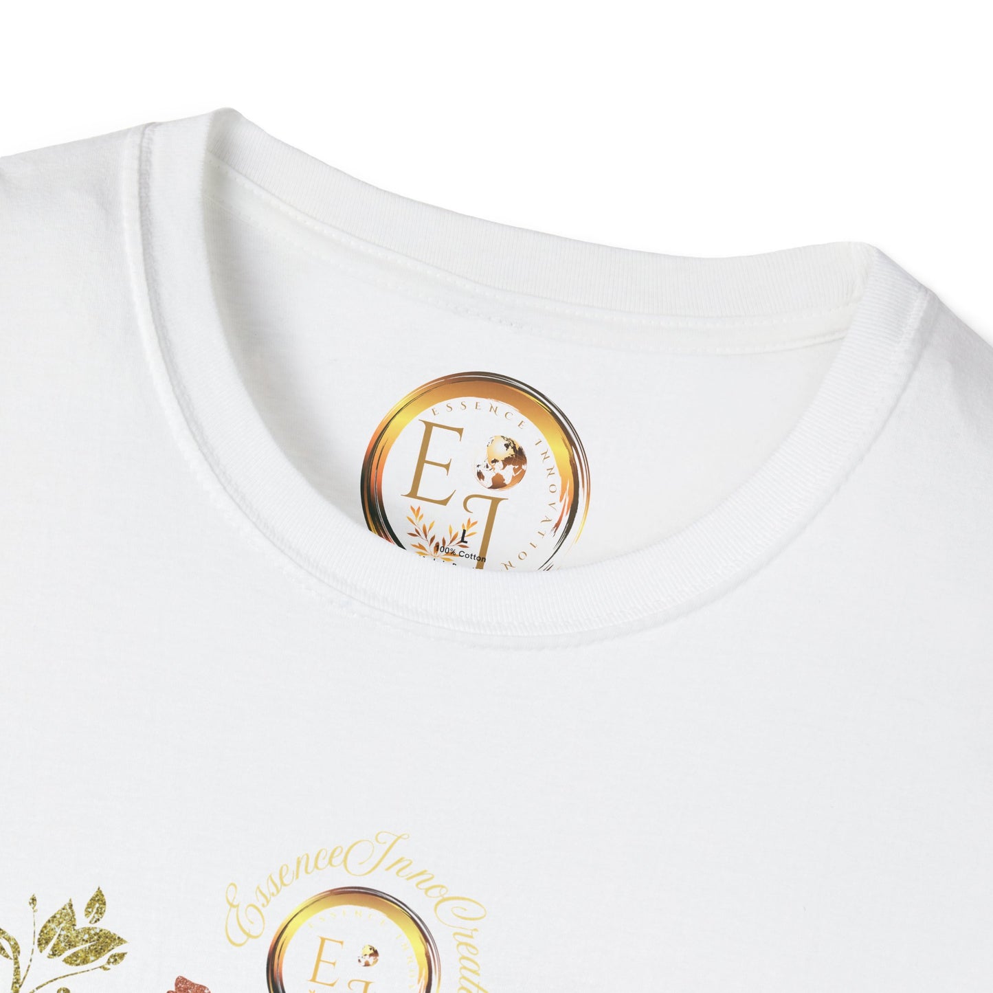 White shirt with gold and black Essence Innovation logo and text on a white background