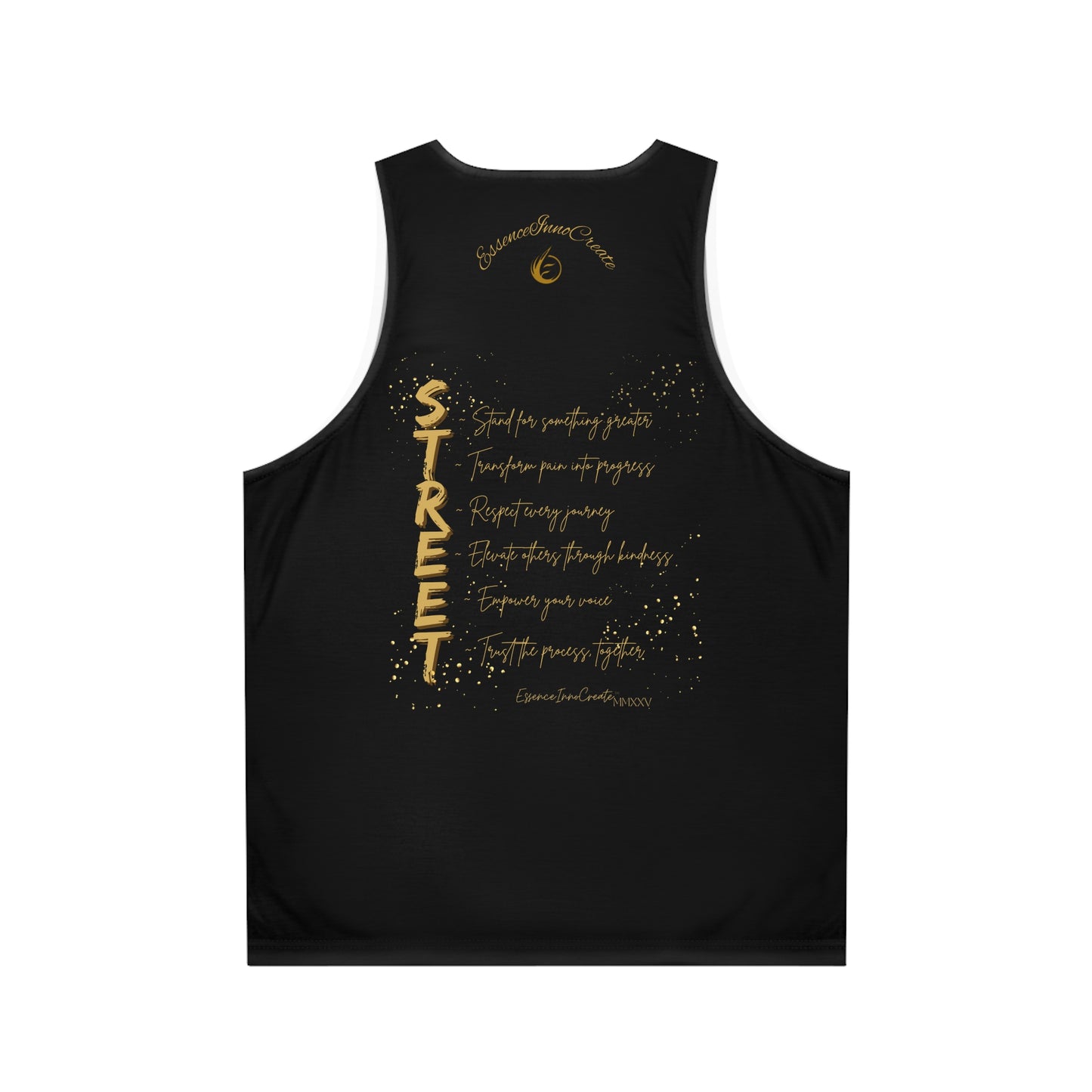 Black EssenceInnoCreate tank top with gold text on a white background