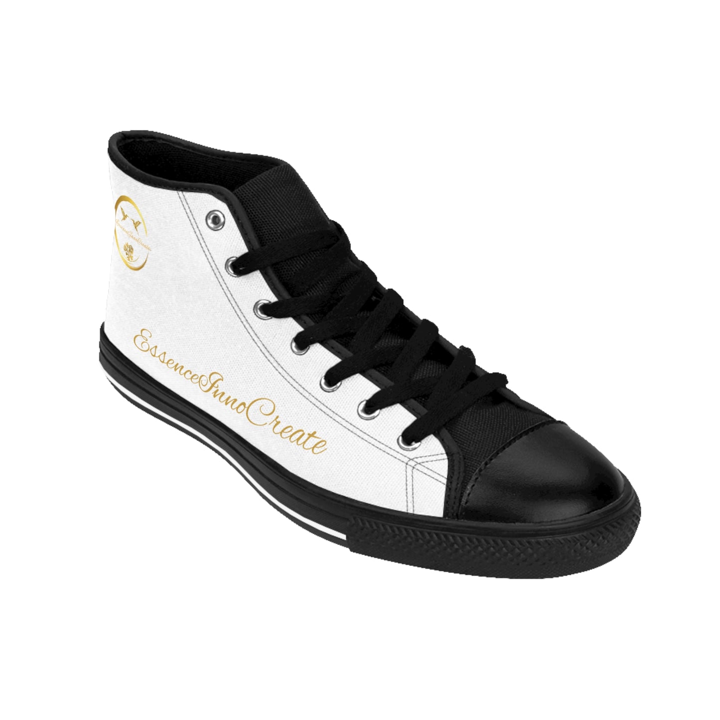 White high-top 'EssenceInnoCreate' sneaker with black accents and gold text on a white background
