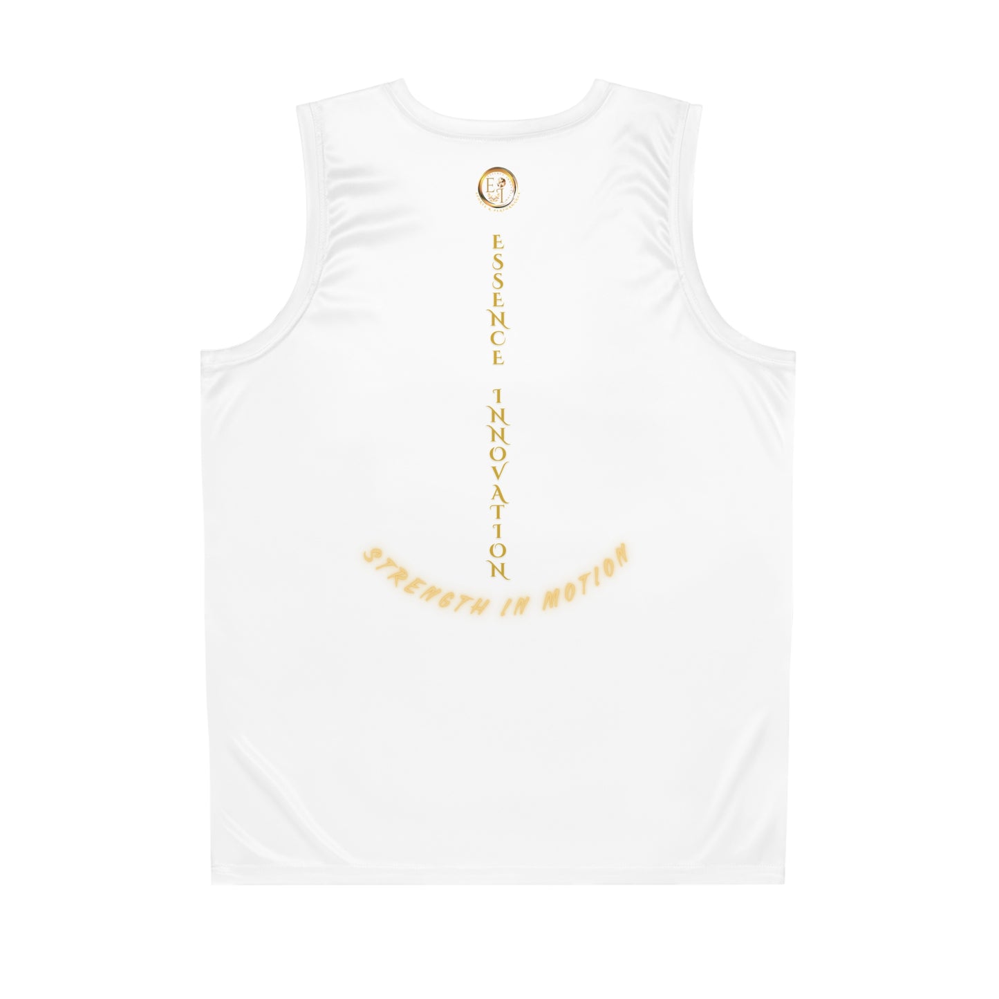 White tank top with yellow and gold text on a white background