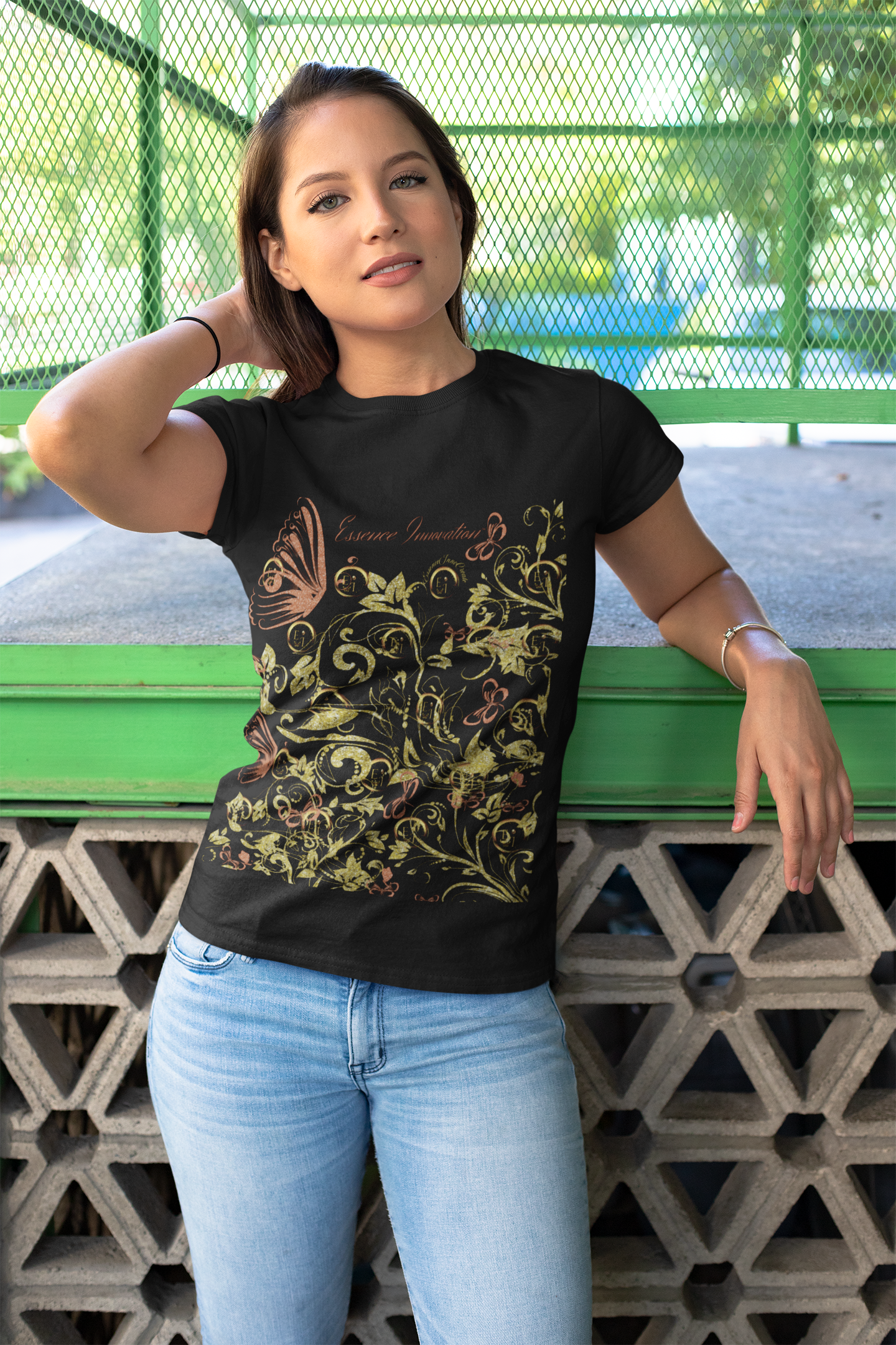 Floral Butterfly T-Shirt in Black | Nature-Inspired Boho Tee | Elegant Botanical Shirt for Women | EssenceInnoCreate