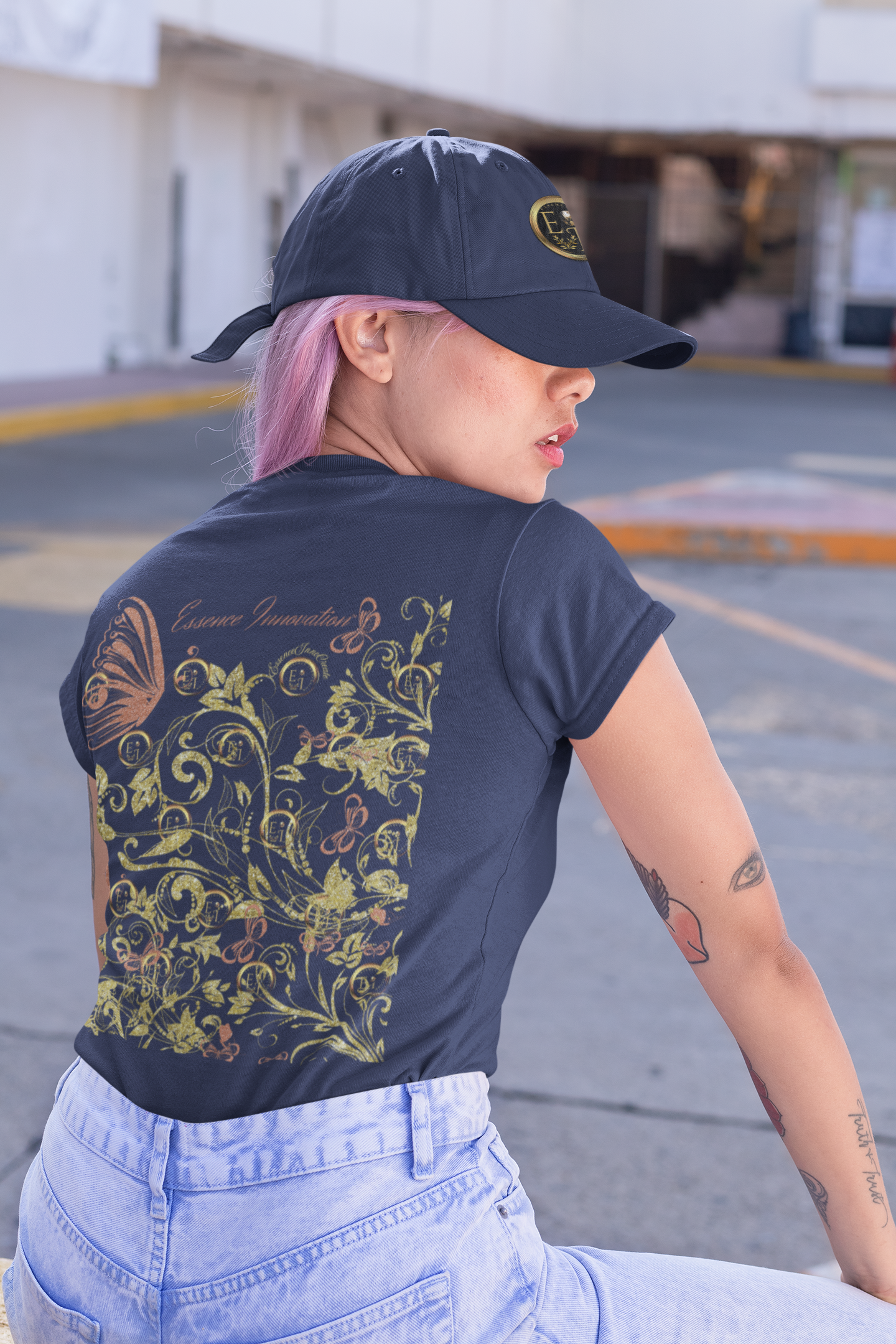 Floral Butterfly T-Shirt in Navy | Elegant Nature Graphic Tee | Boho Botanical Shirt for Women | EssenceInnoCreate