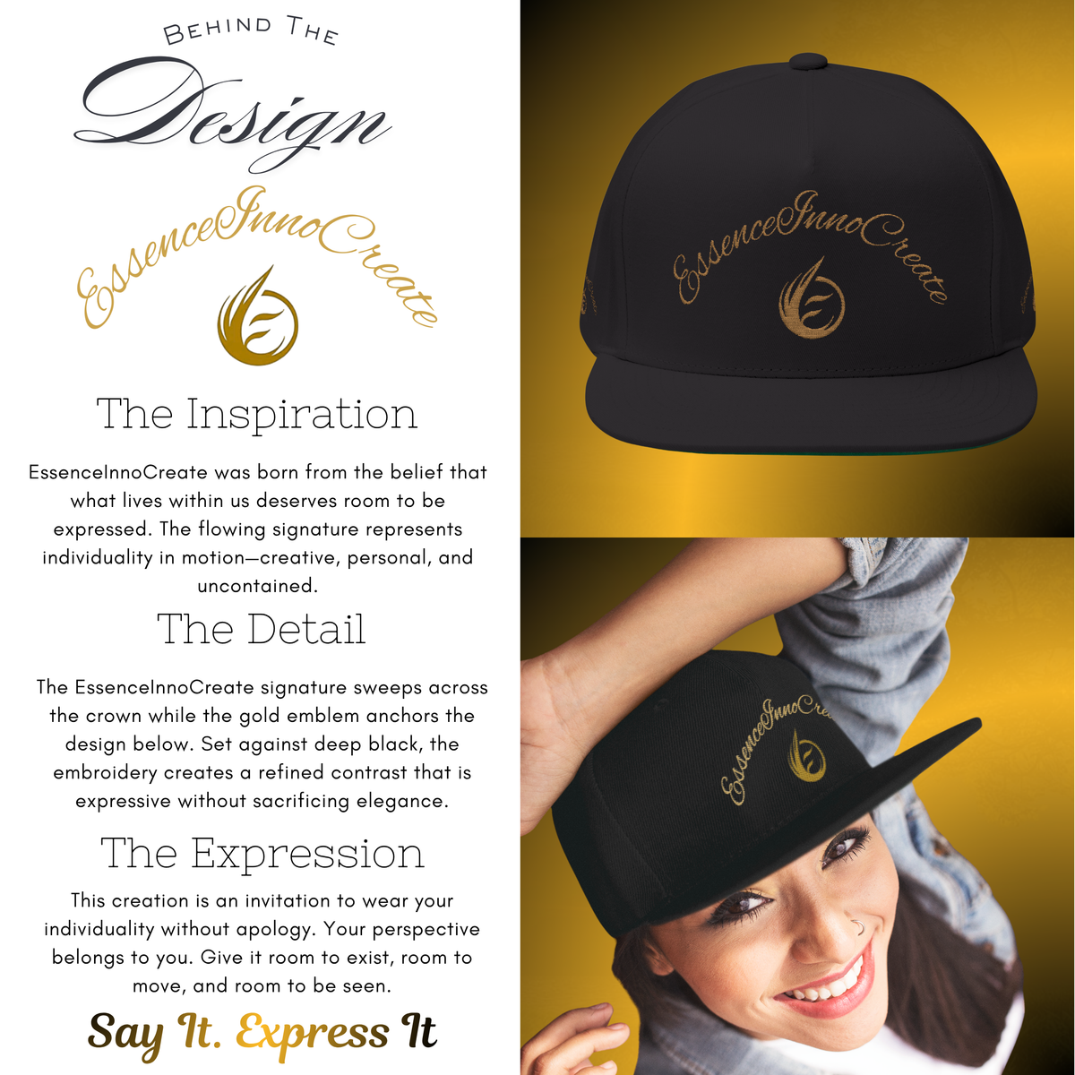 Core Snapback Hat – Gold Logo Flat Bill Cap