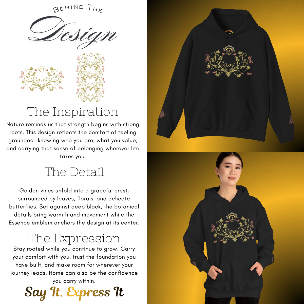 Bohemian Butterfly Crest Hoodie – Gold Floral Vine Pullover