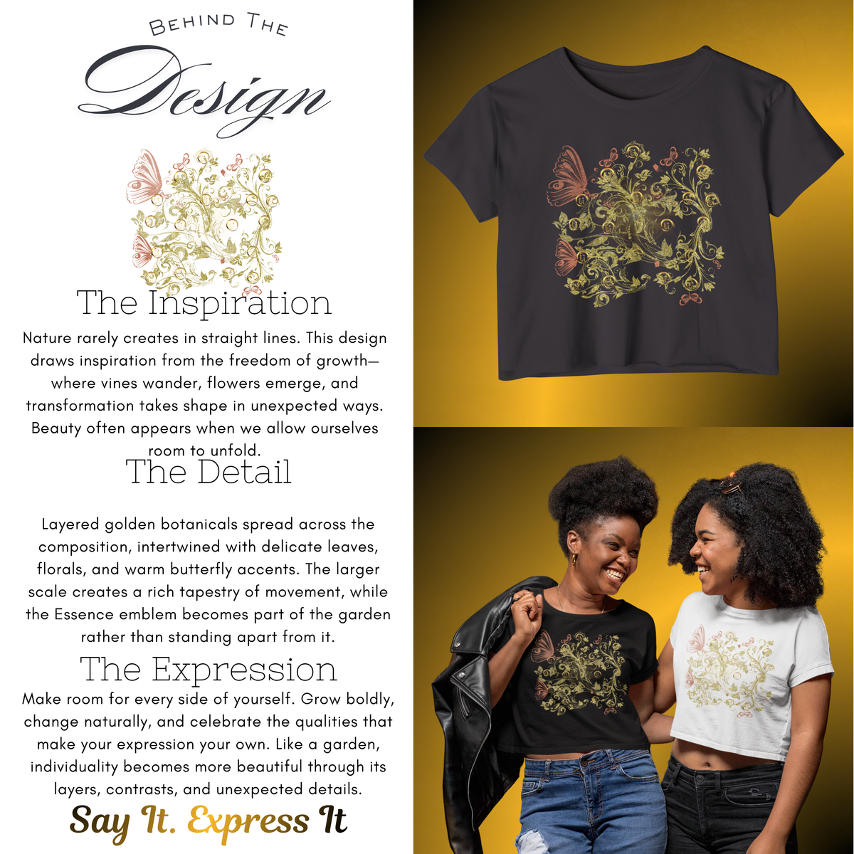 Bohemian Butterfly Floral Crop Tee – Gold Botanical Graphic Top