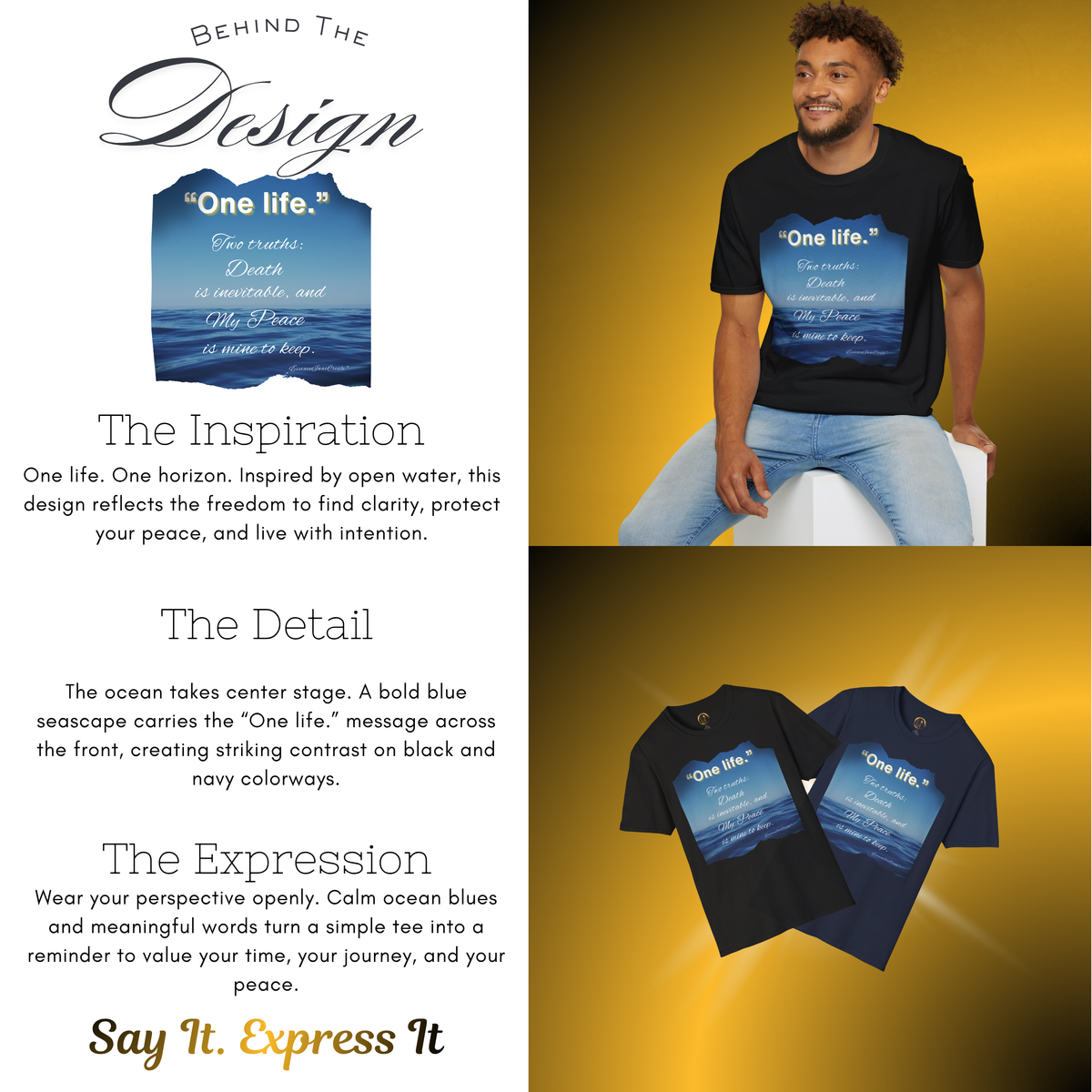 EssenceInnoCreate One Life Ocean Quote Tee | Inspirational Front Graphic T-Shirt