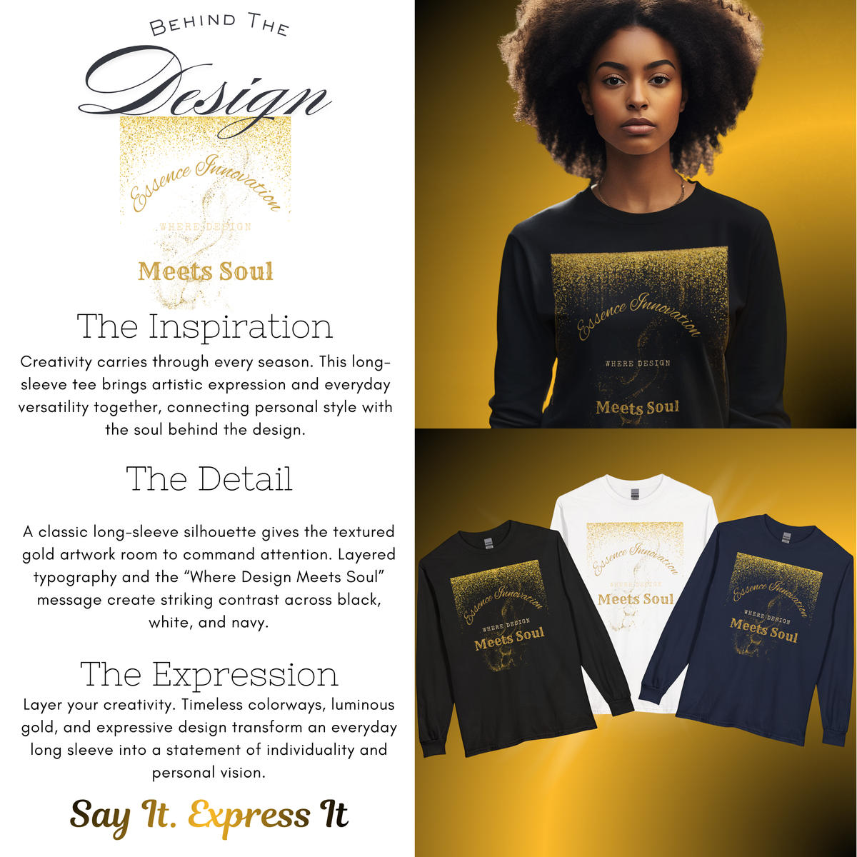 Design Meets Soul Long Sleeve Shirt – Gold Graphic Tee