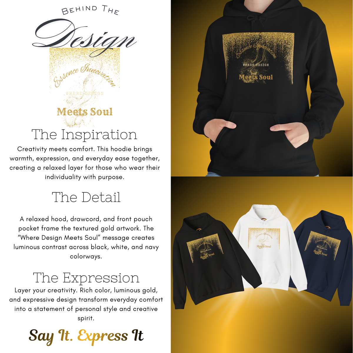 Design Meets Soul Hoodie – Gold Graphic Streetwear Hoodie
