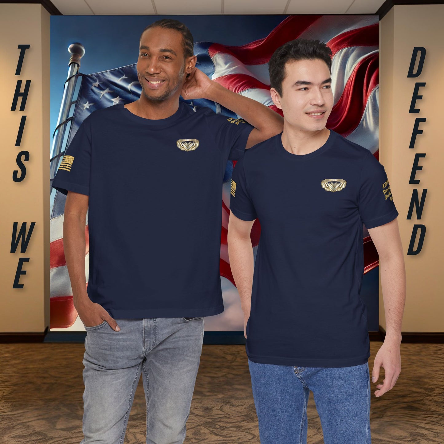 Two men wearing navy blue t-shirts with a logo in front of an American flag background.