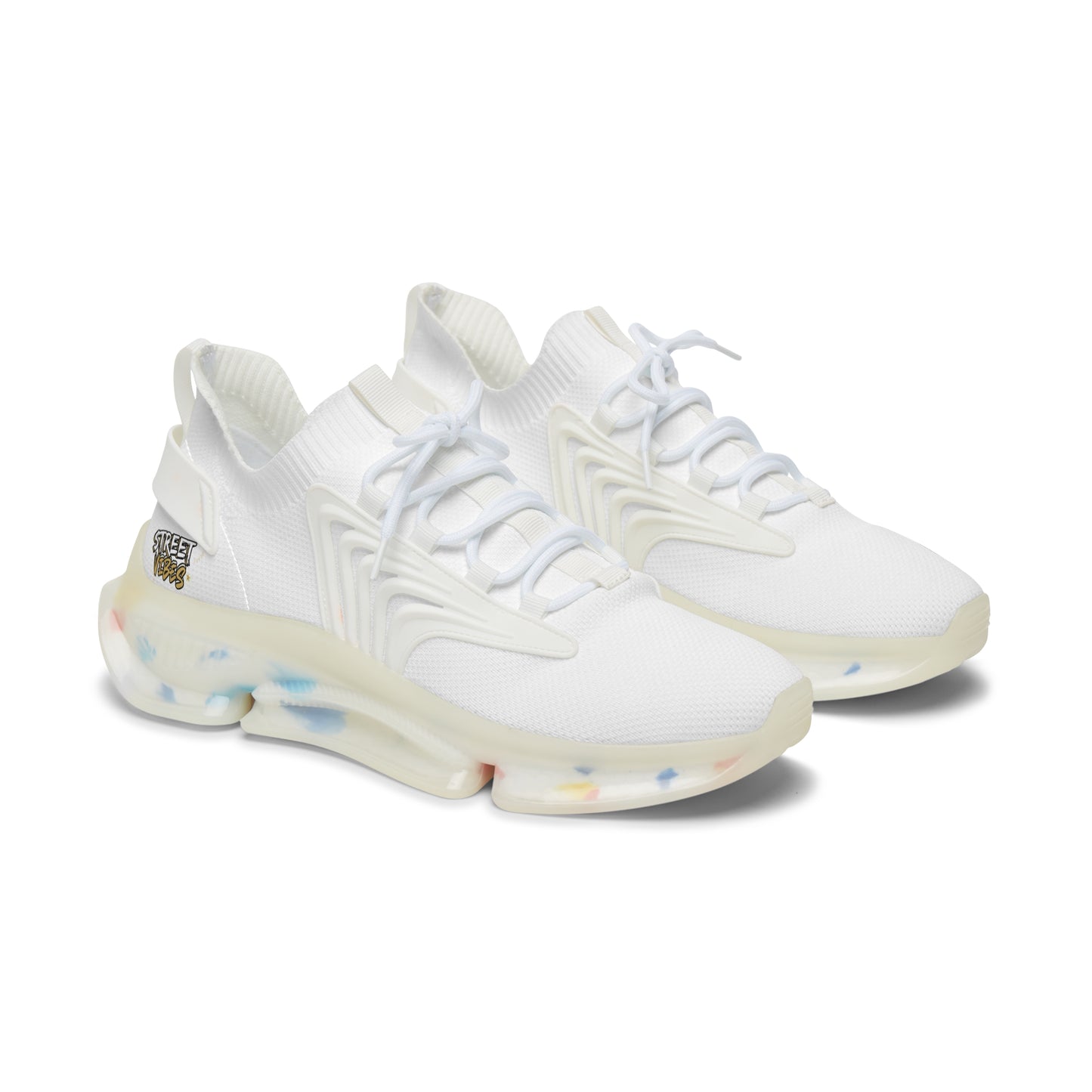 White Essence Innovation 'Street Vibes' sneakers with colorful sole on a white background