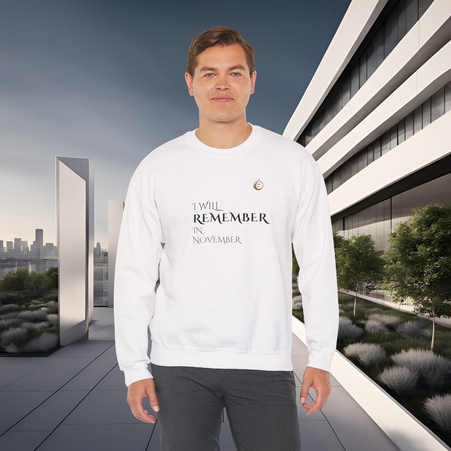 Person wearing a white EssenceInnoCreate Quiet Resolve sweatshirt with text in an urban setting