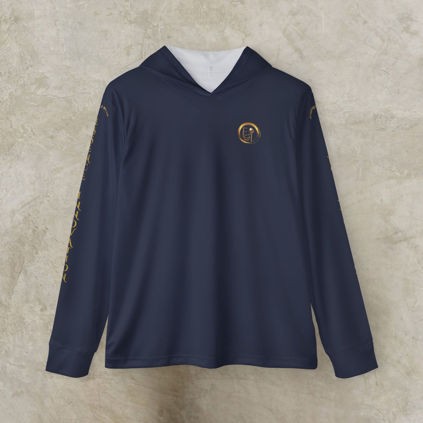Navy long-sleeve Essence Innovation Seek More hoodie with a logo on a beige background