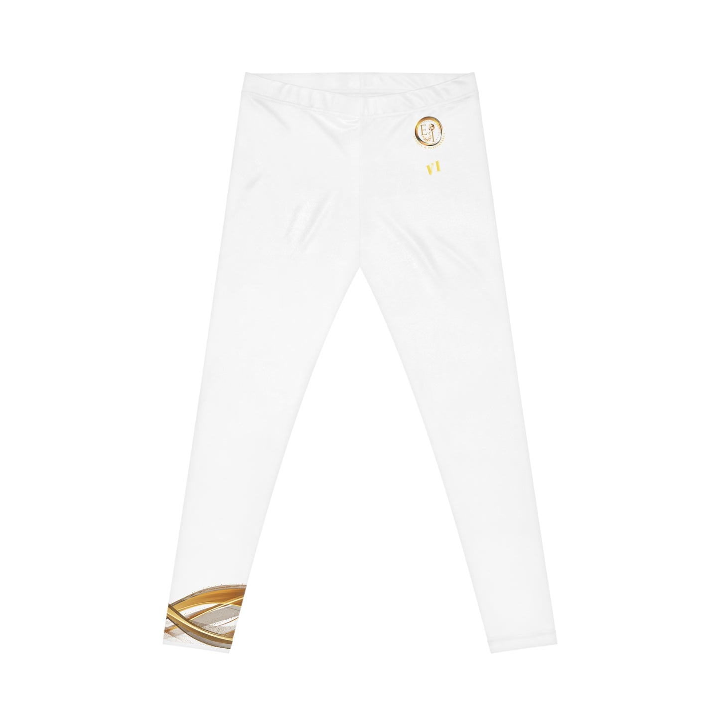 White pants with gold accents on a white background
