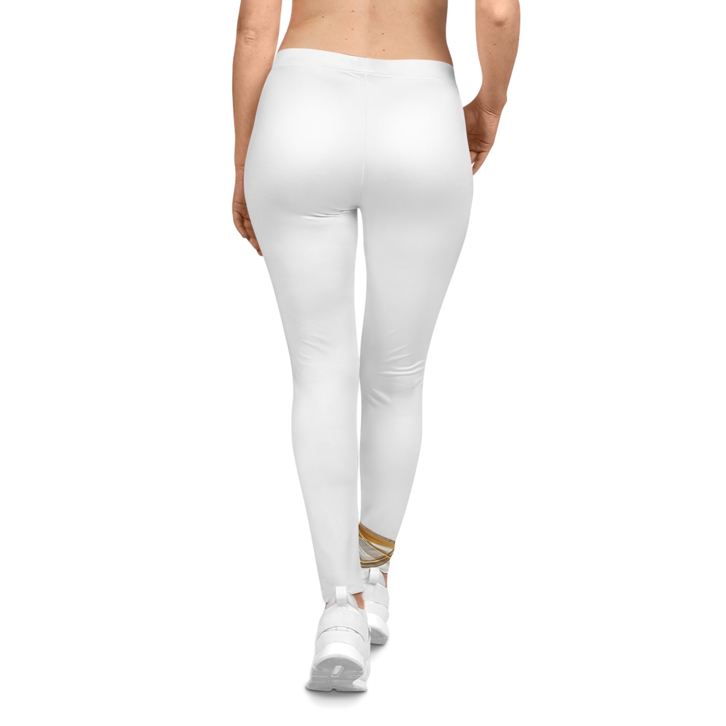 White leggings with a gold accent on a white background