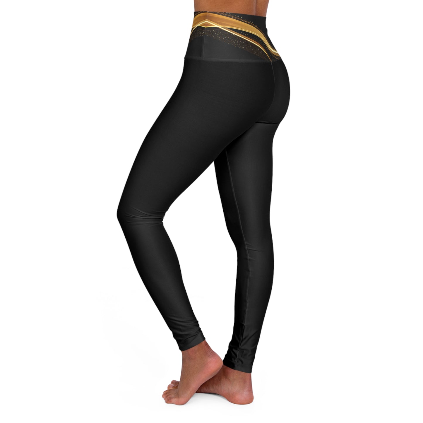 Black leggings with gold designs on a white background