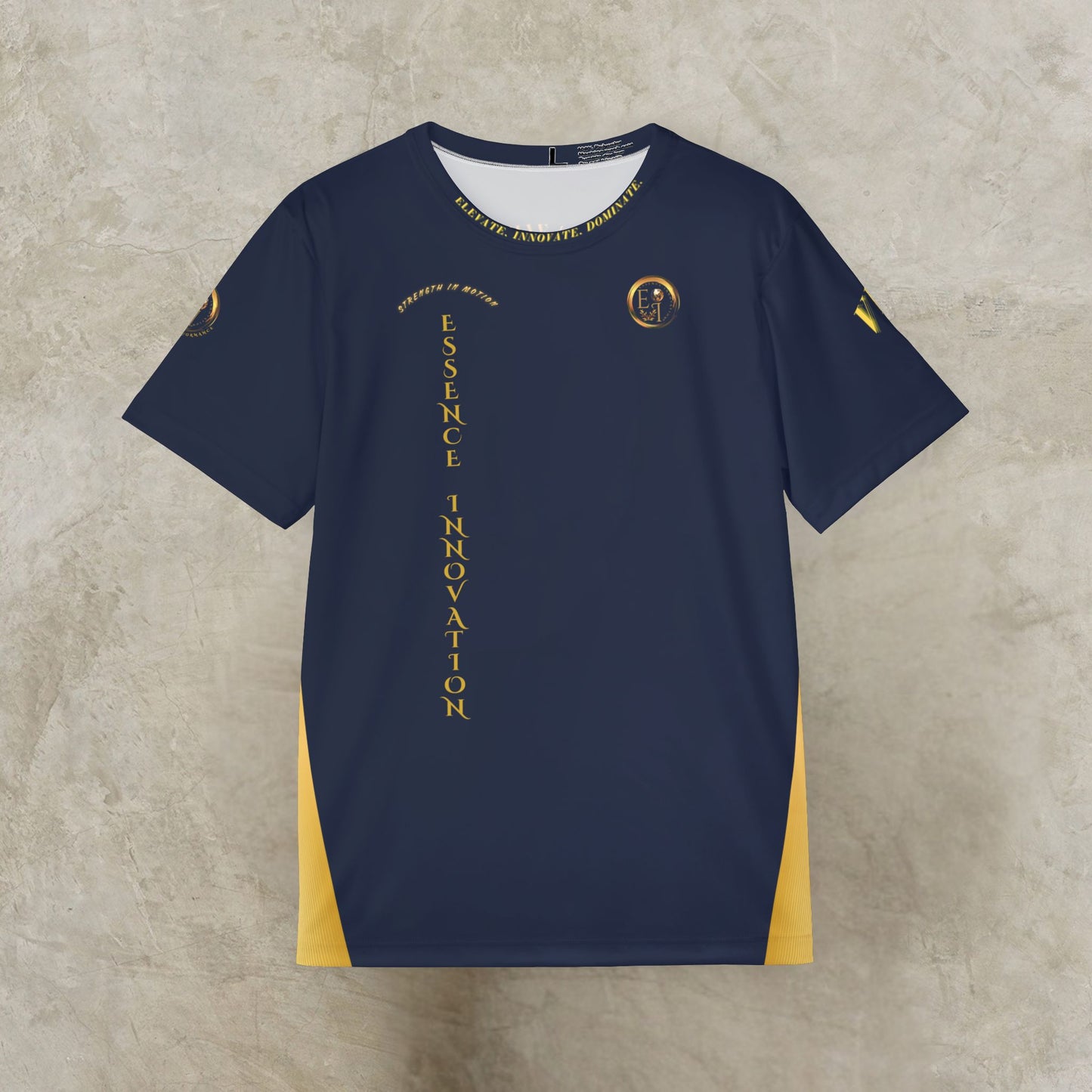 Black t-shirt with gold Essence Innovation logo and text and design on a textured beige background