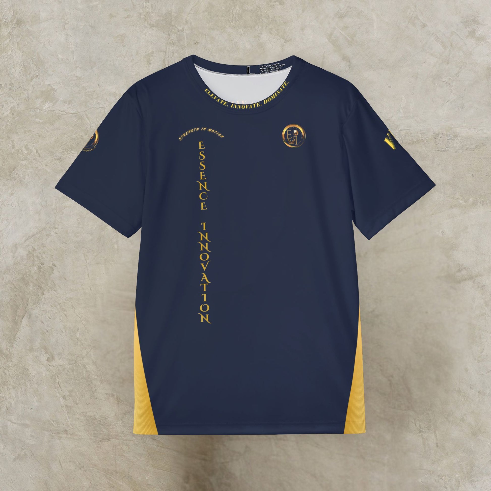 Black t-shirt with gold Essence Innovation logo and text and design on a textured beige background
