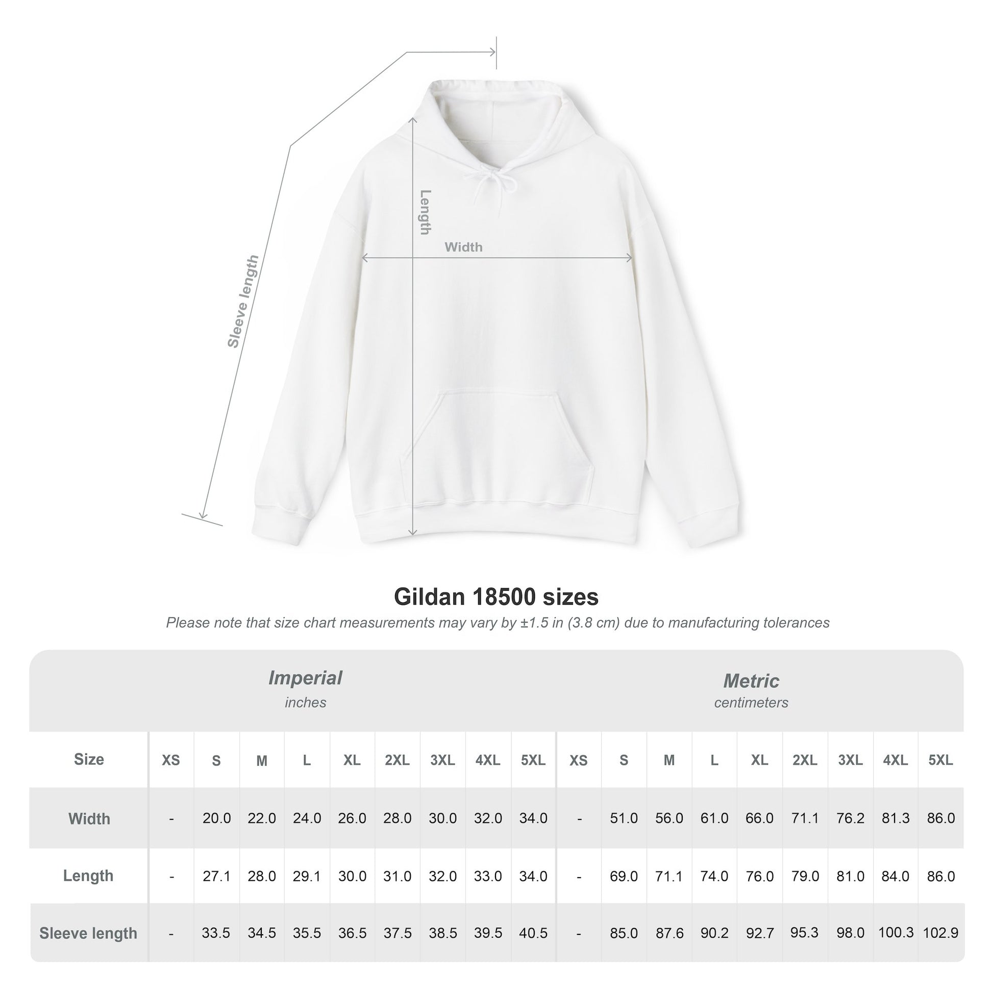 Essence Innovation Bohemian Butterfly Crest White hoodie with measurement chart on a white background