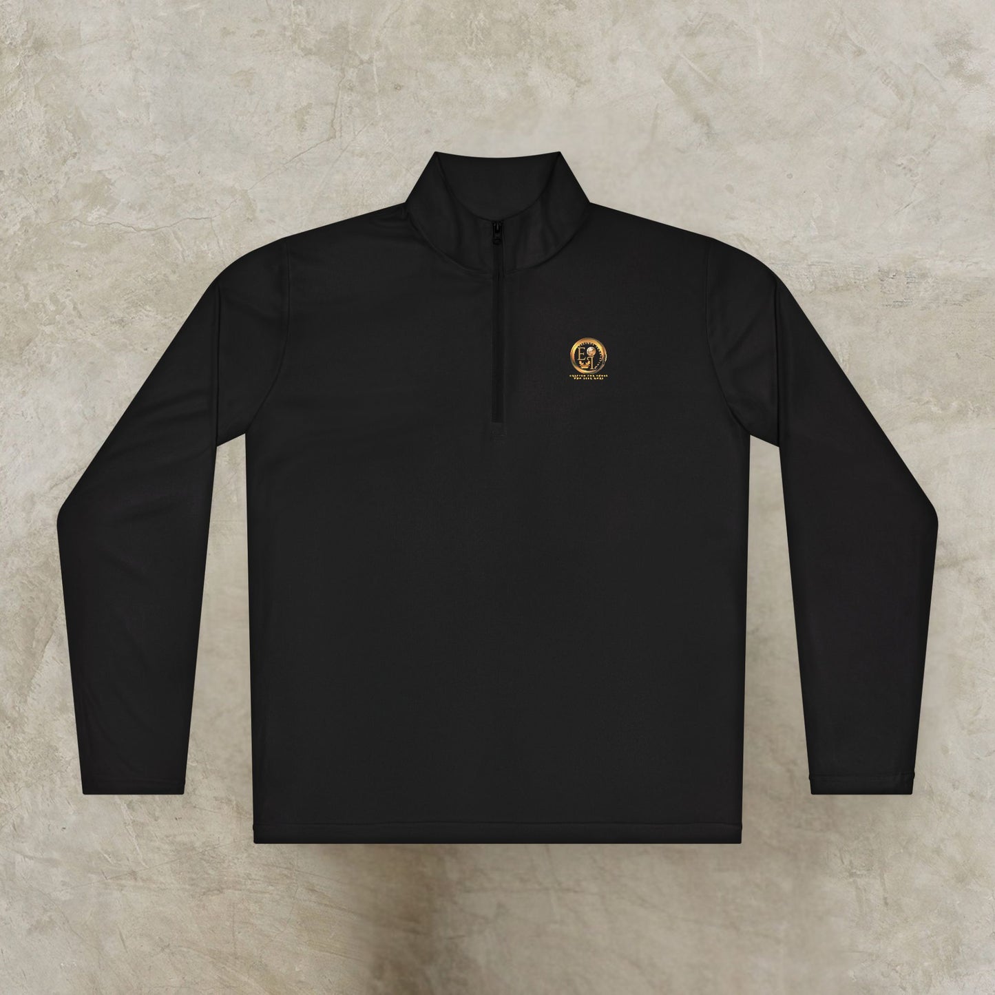 Black long-sleeve Essence Innovation Seek More shirt with a small logo on a beige background