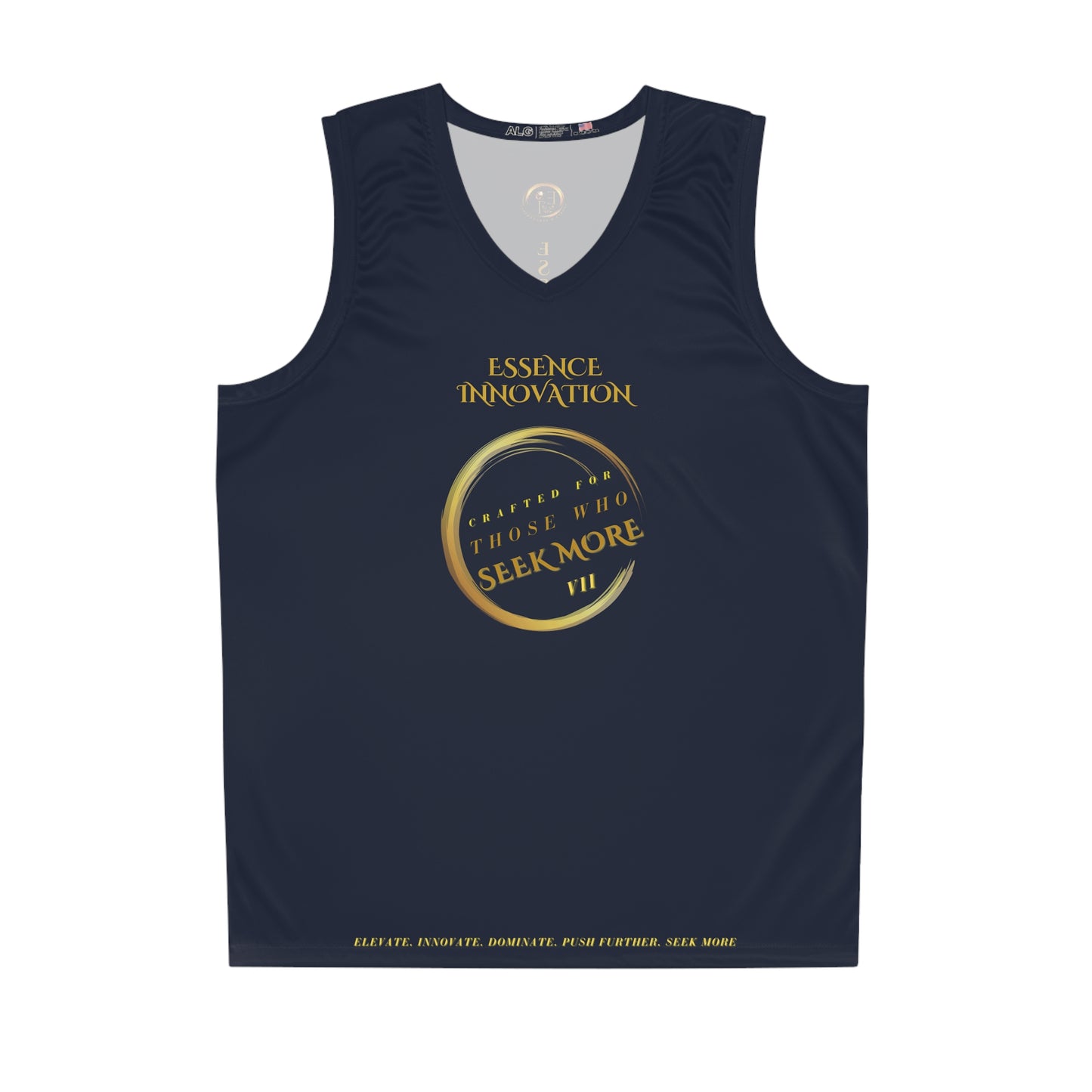 Navy tank top with gold Essence Innovation Seek More text on a white background