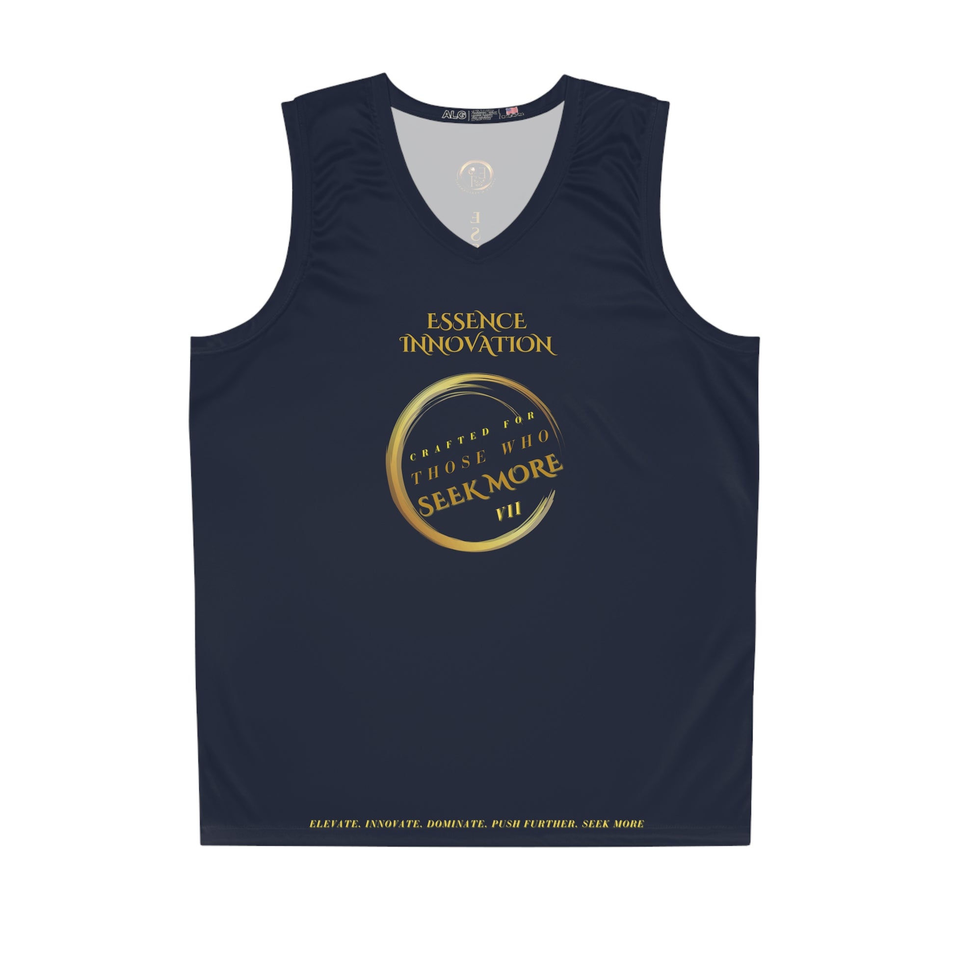 Navy tank top with gold Essence Innovation Seek More text on a white background