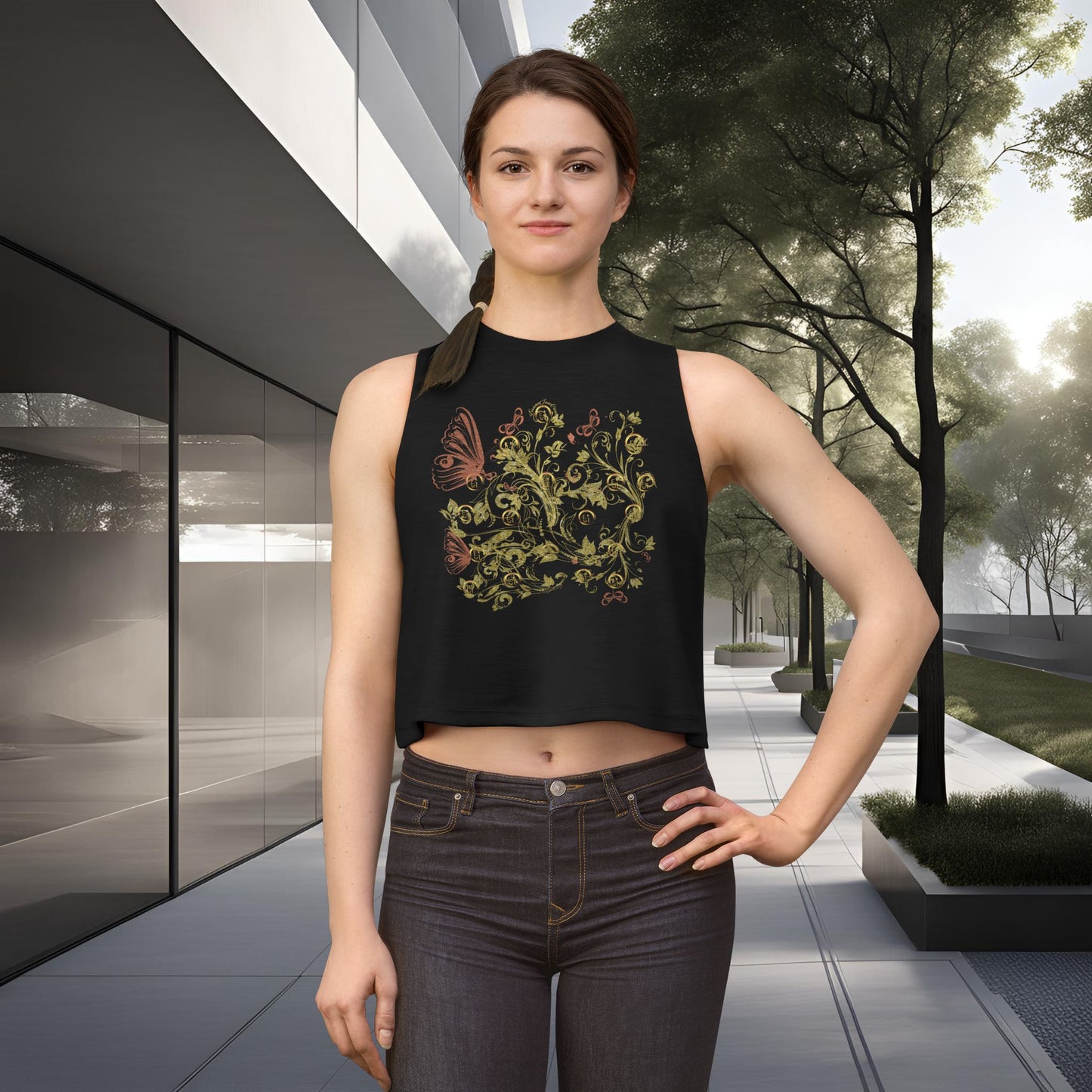 Woman wearing a black sleeveless top with a Essence Innovation Bohemian Butterfly floral design in an outdoor setting