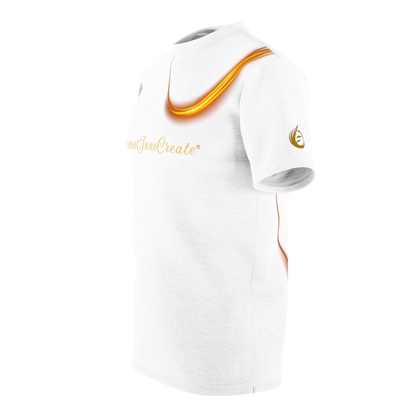 White t-shirt with gold accents and branding on a white background