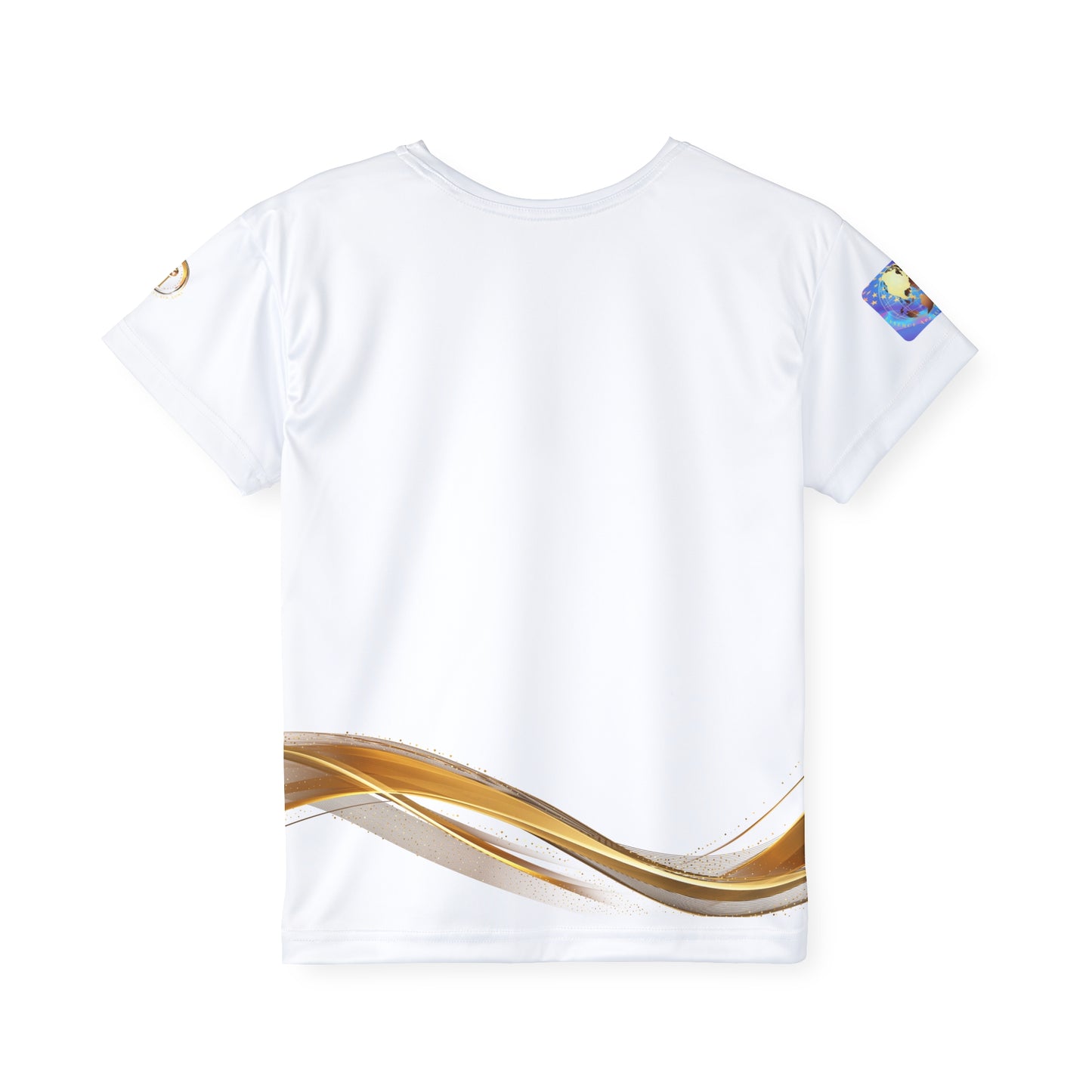 White t-shirt with gold wave design on a white background