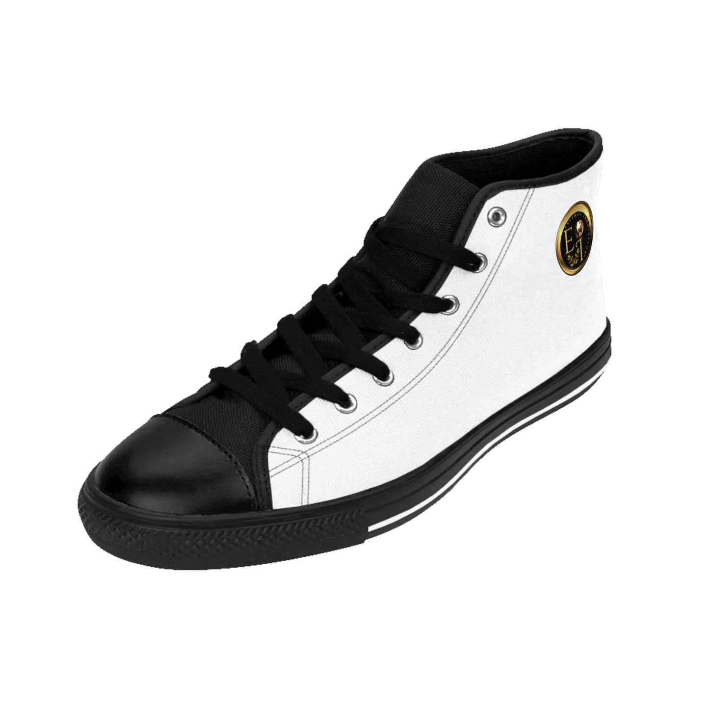 Black and white high-top 'Essence Innovation' sneaker with a gold logo on a white background