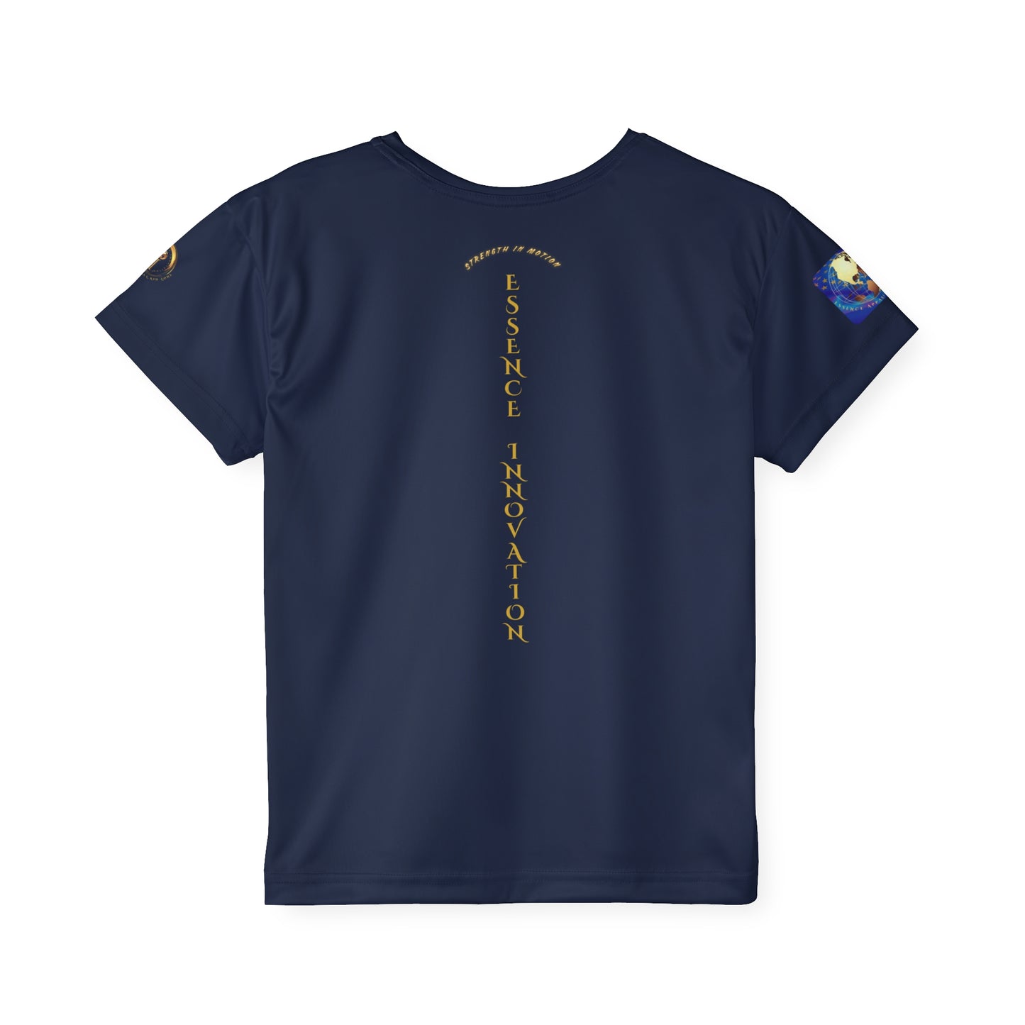 Navy blue t-shirt with text and logos on a white background