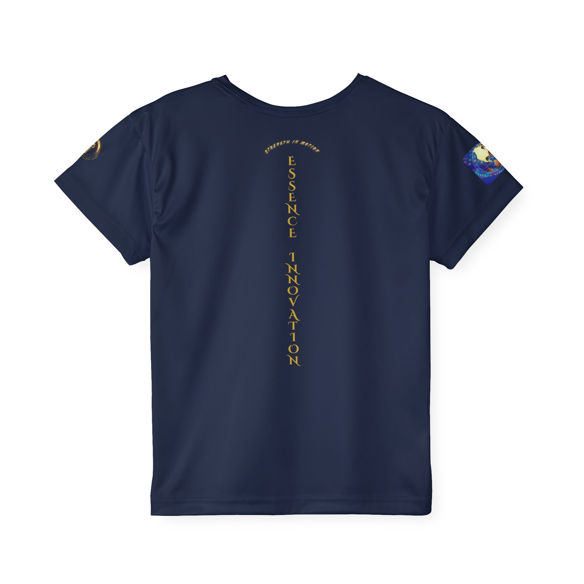 Navy blue t-shirt with text and logos on a white background