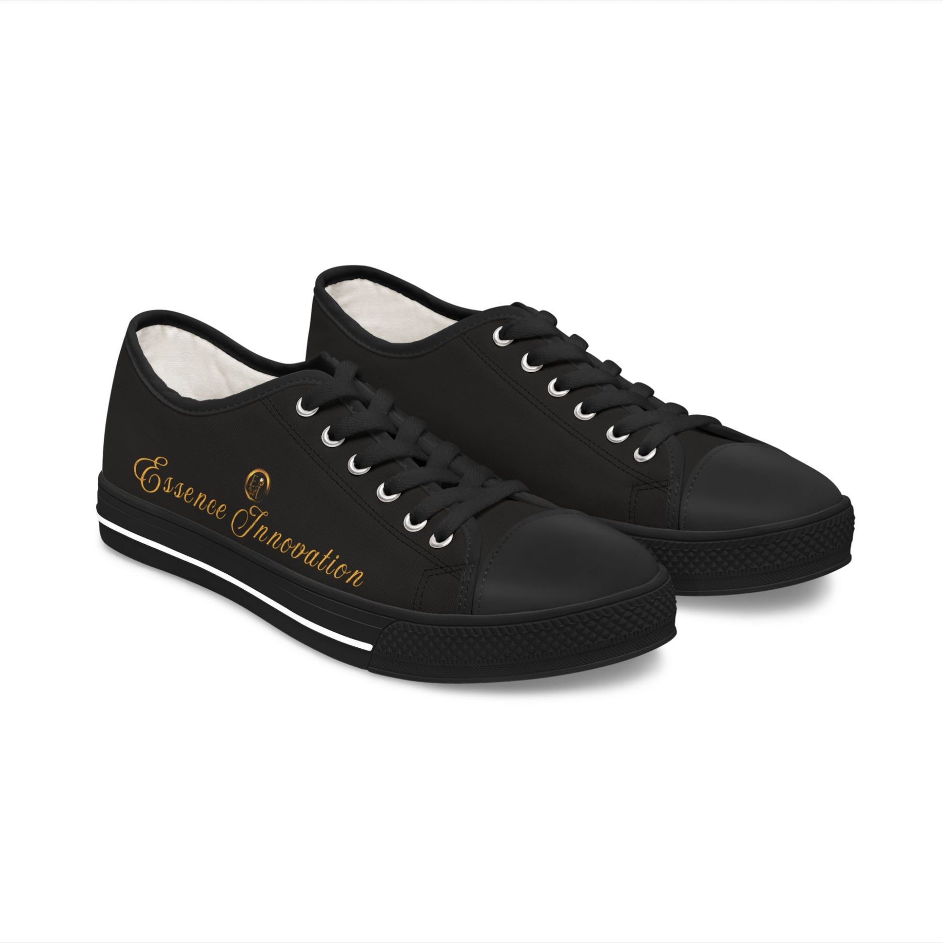 Black Essence Innovation sneakers with white laces on a white background