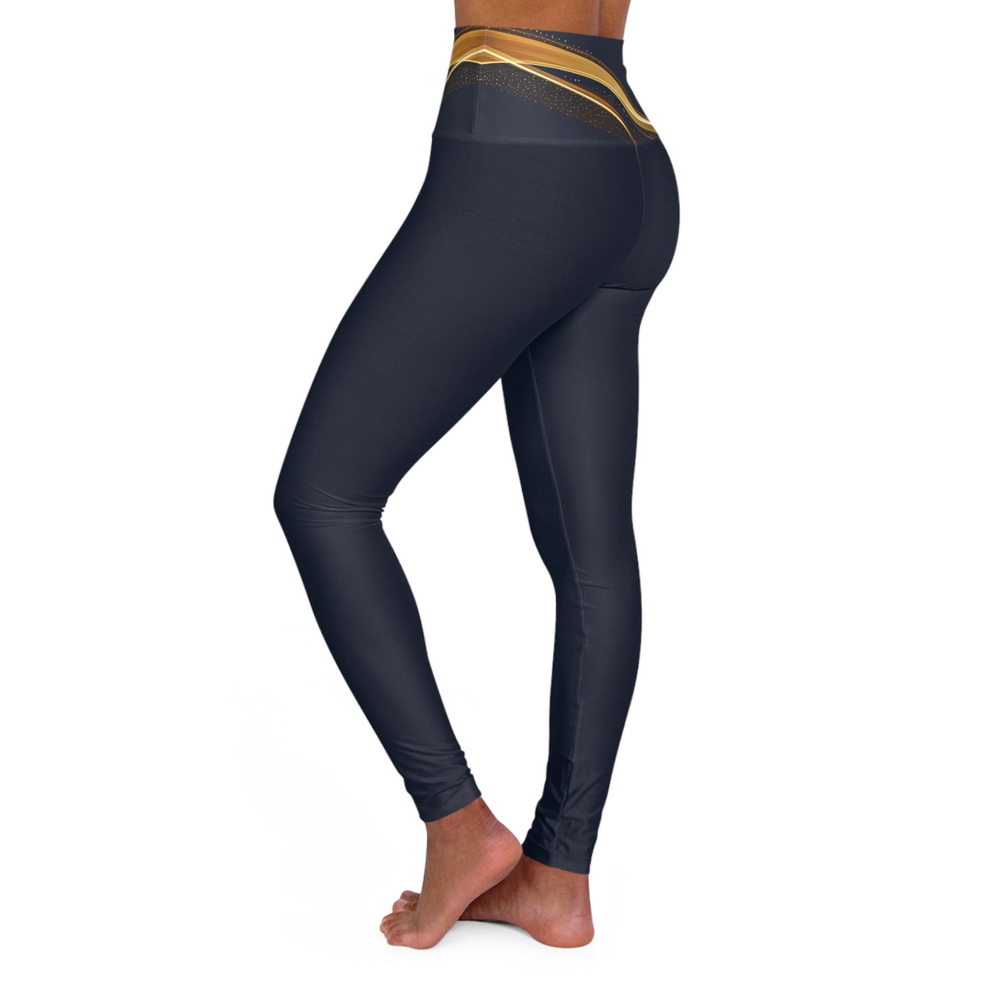 Black leggings with gold accents on a white background