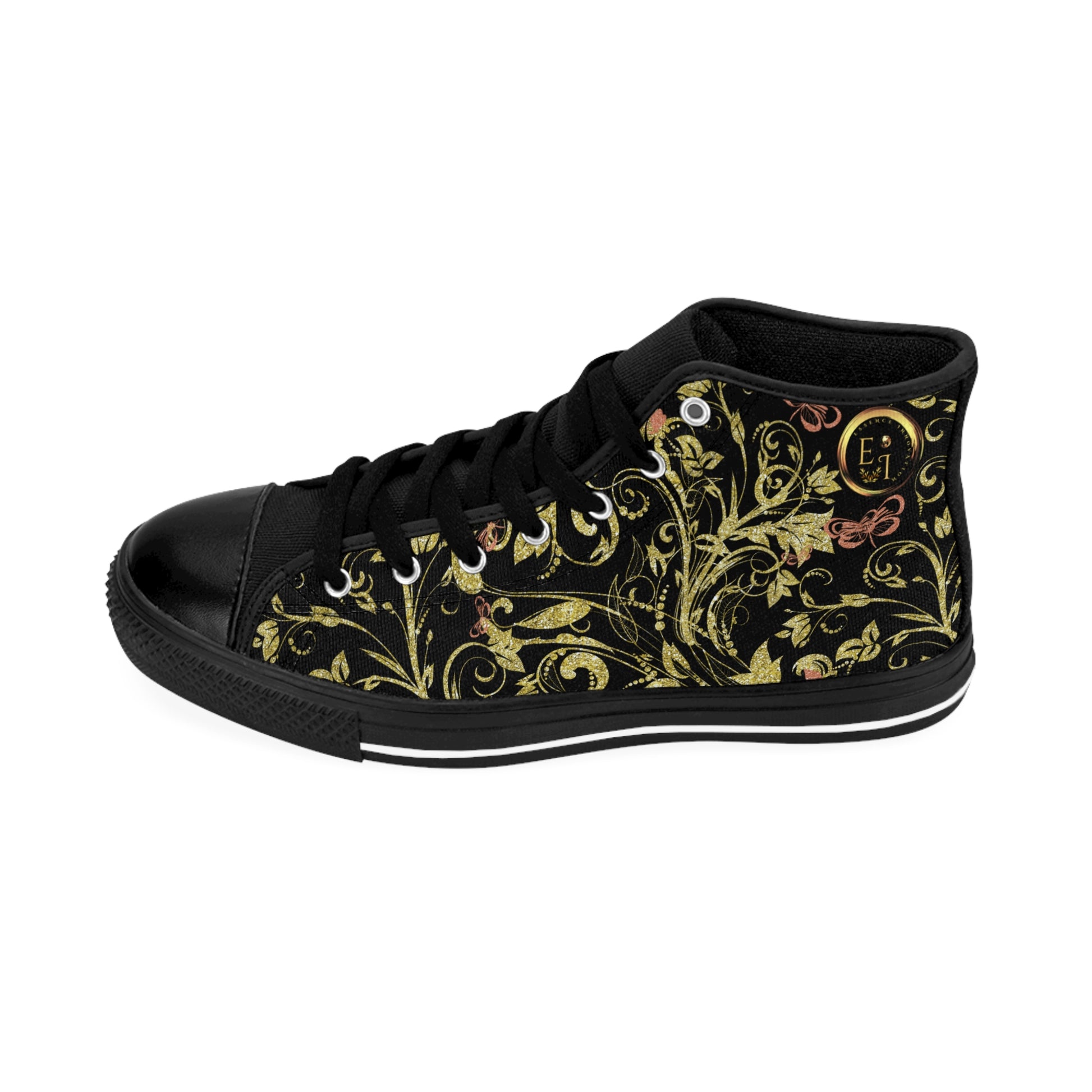 Black Essence Innovation high-top sneaker with gold floral pattern on a white background