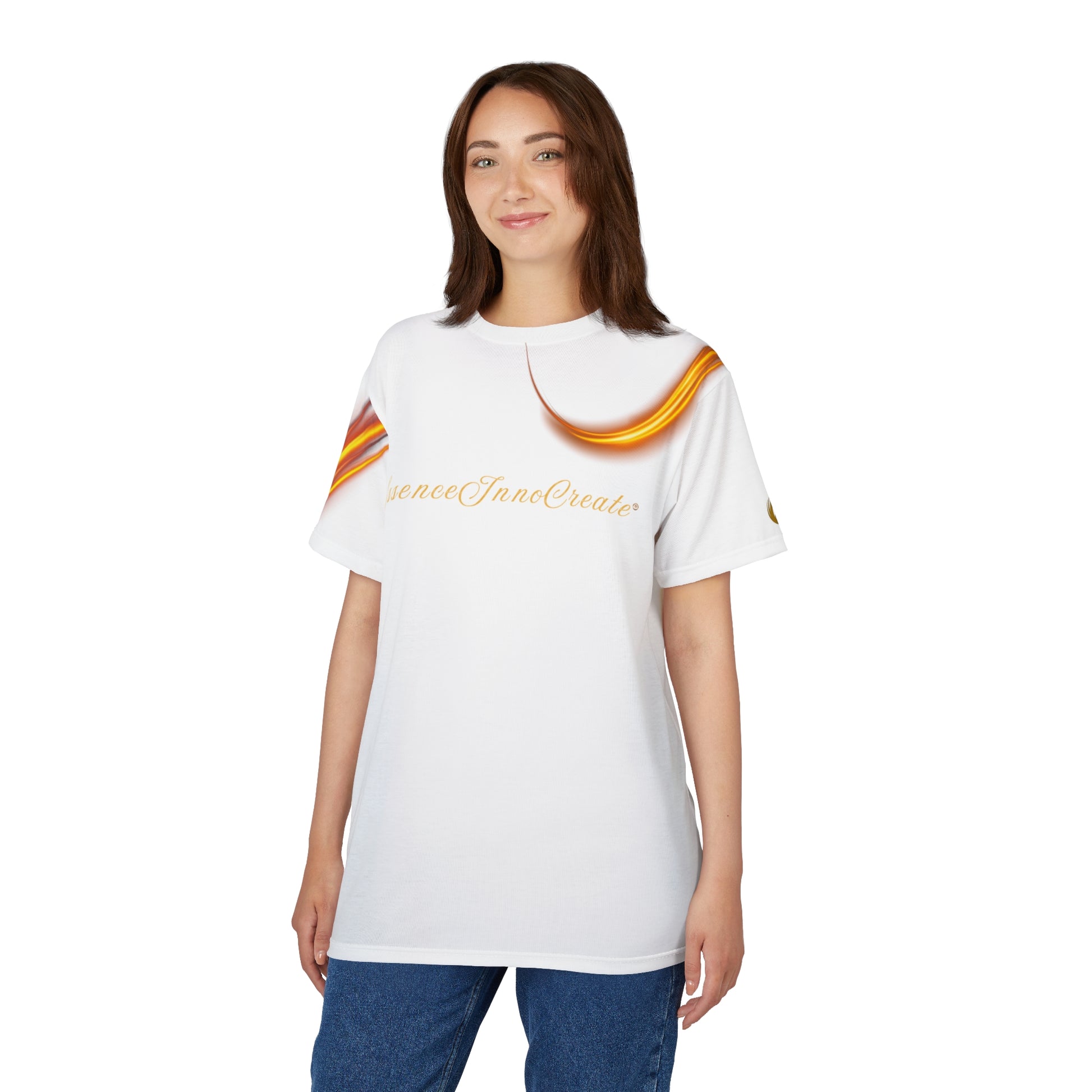 Woman wearing a white t-shirt with colorful designs and text on a white background
