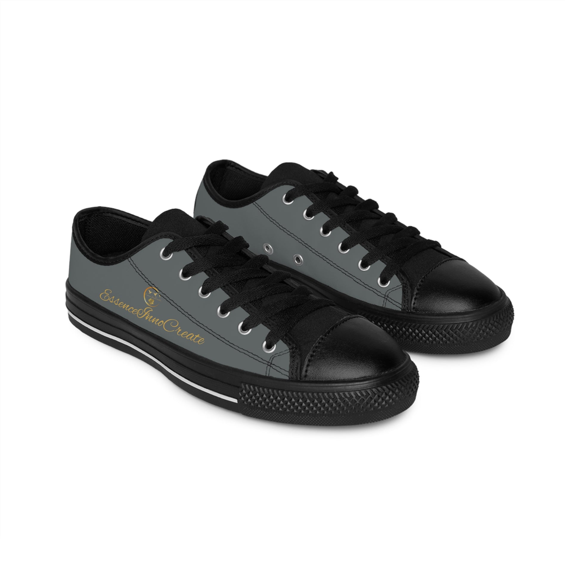 Gray and black sneakers with 'EssenceInnoCreate' design on a white background