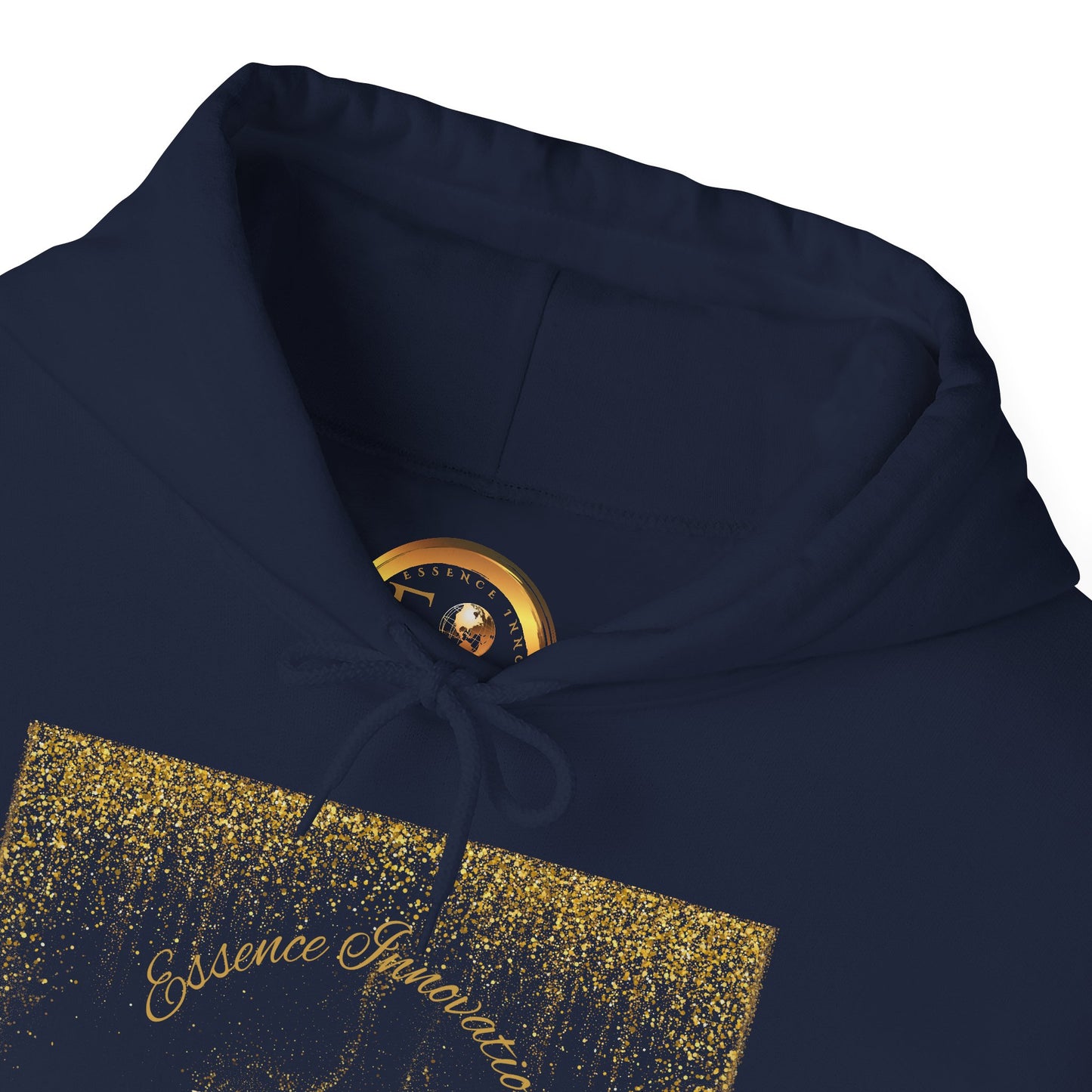 Black hoodie with gold glittery Essence Innovation 'Design Meets Soul' text and logo on a white background