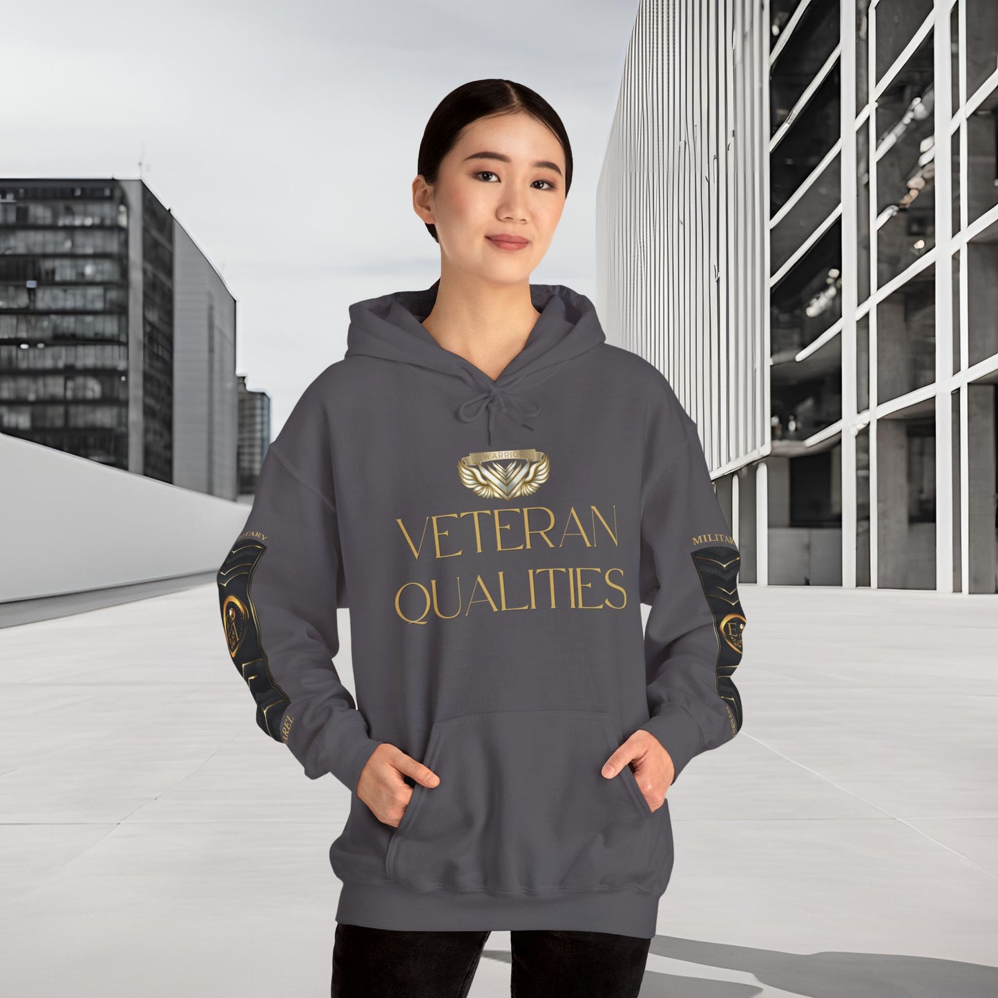 Veteran Qualities Warrior Two | Charcoal Hoodie | Military & Service Tribute