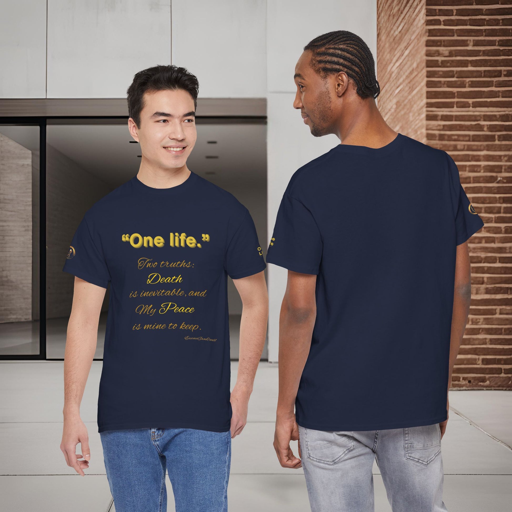 Two people wearing navy blue t-shirts with One Life text, one indoors and one outdoors.