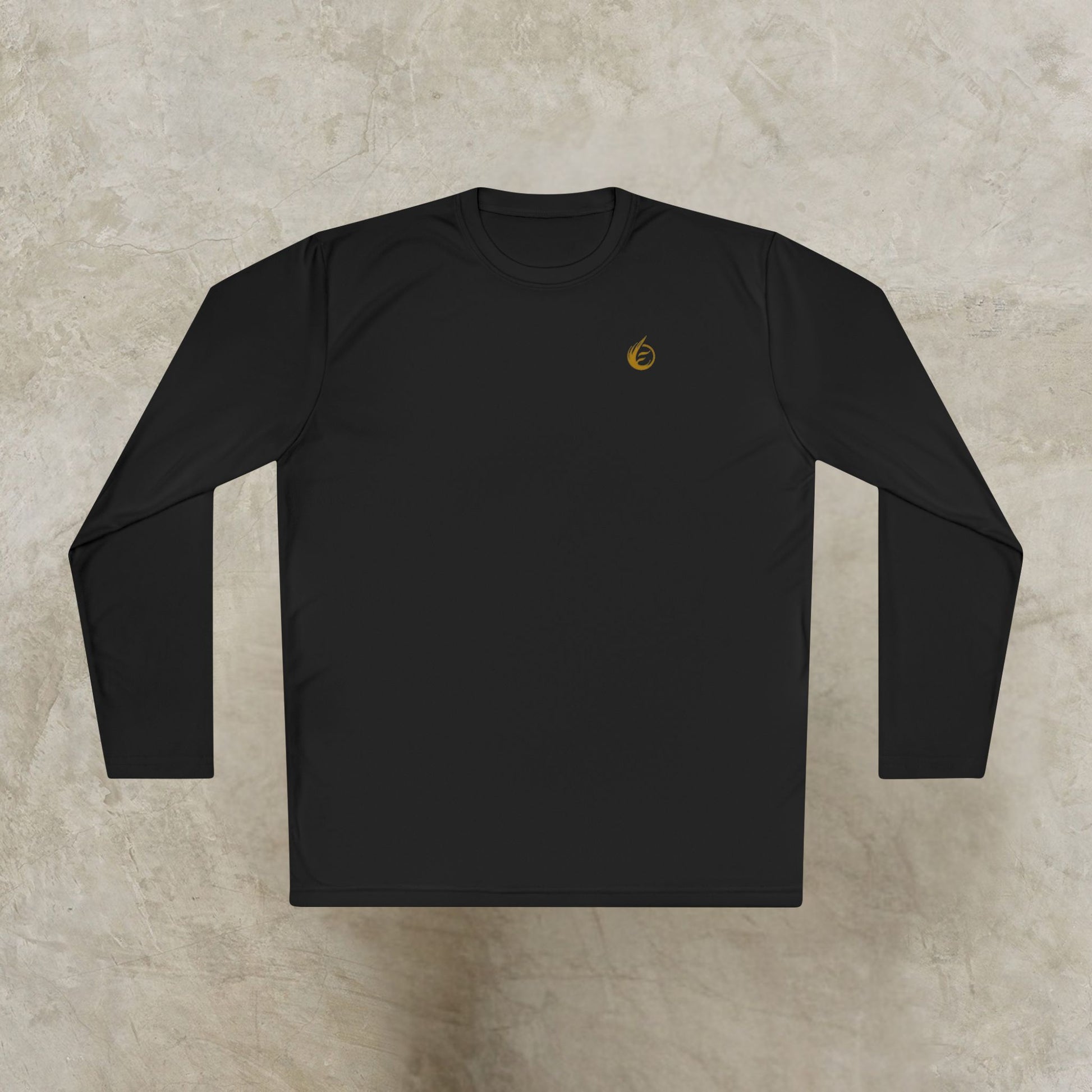 Black long-sleeve shirt with a small 'EssenceInnoCreate' logo on a beige background