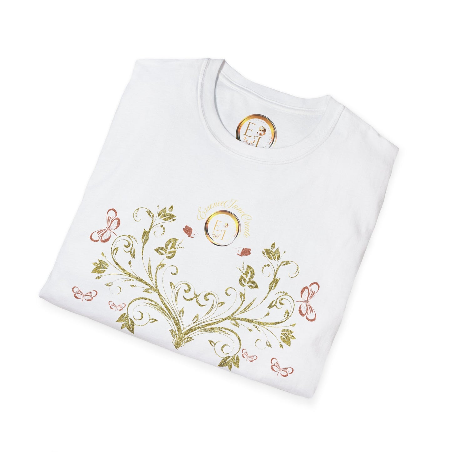 Folded white t-shirt with Essence Innovation Bohemian Butterfly floral and butterfly design on a white background