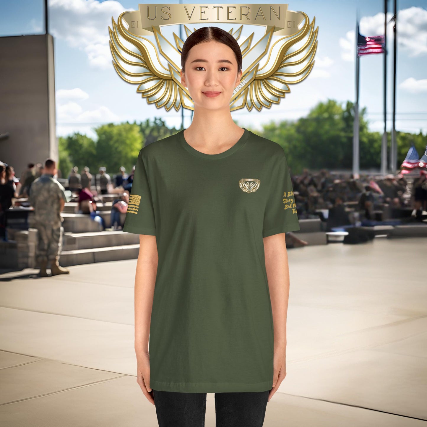 Person wearing a green t-shirt with a military emblem in front of a crowd with American flags.