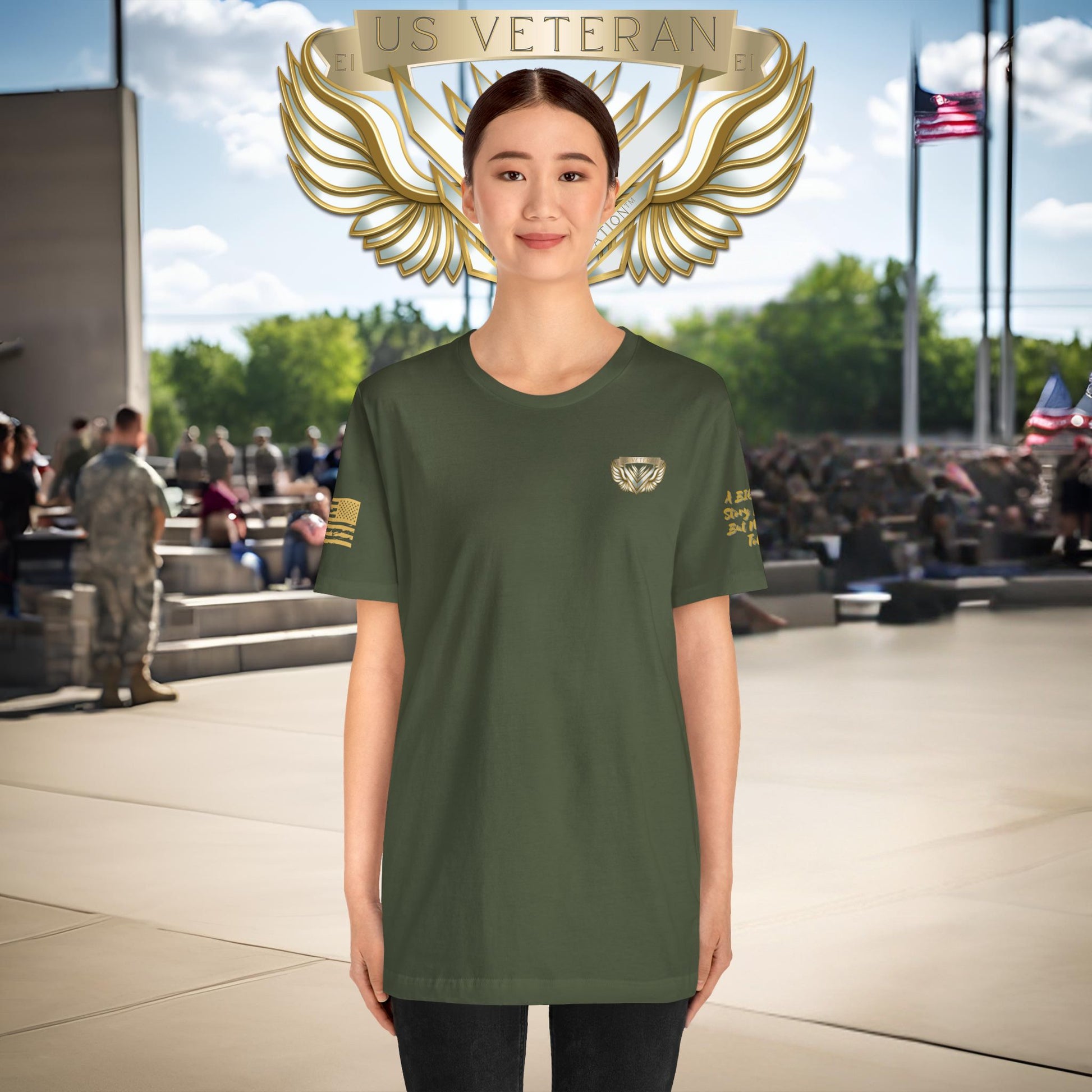 Person wearing a green t-shirt with a military emblem in front of a crowd with American flags.